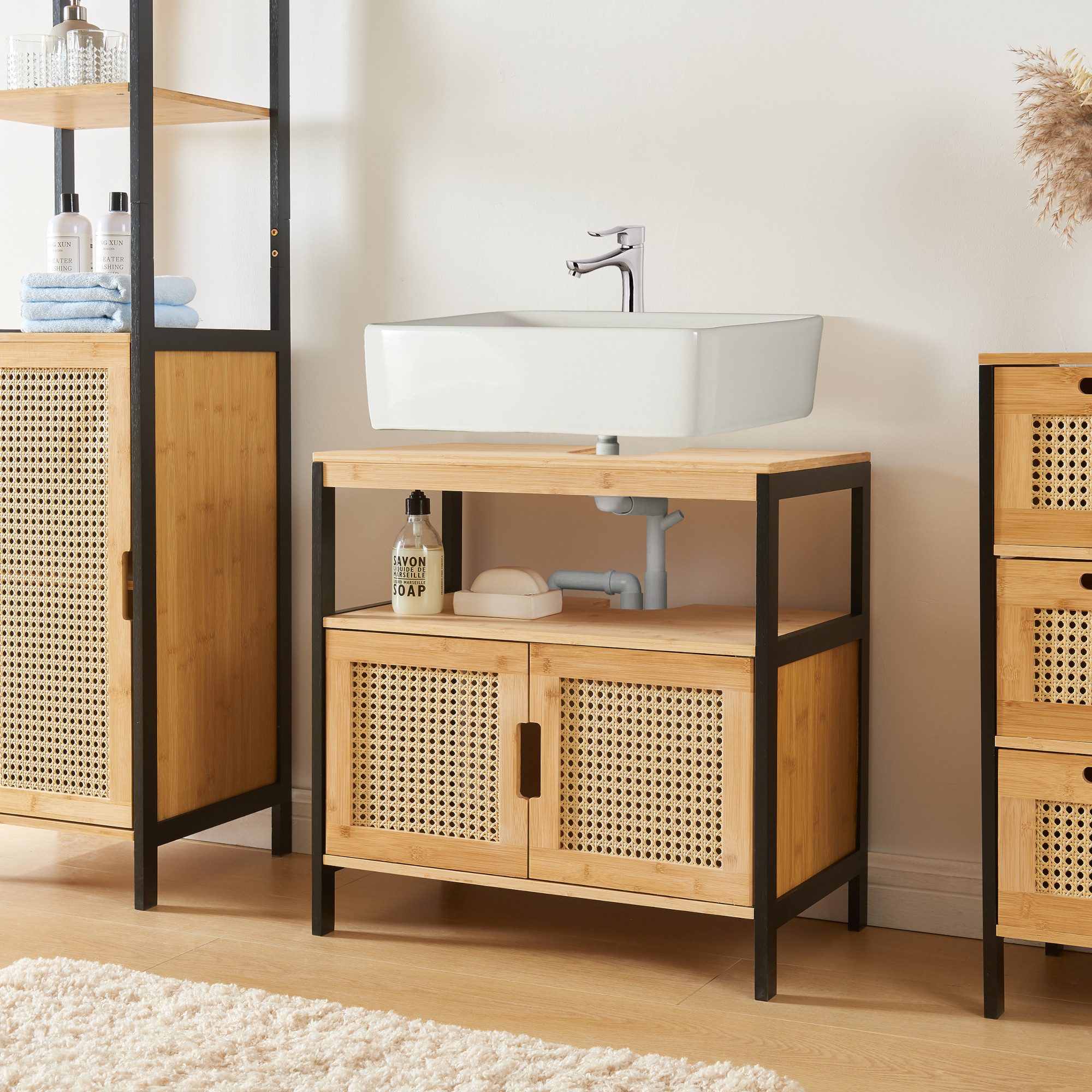 en.casa Waschbeckenunterschrank »Tervola« 60x60x35 cm Schwarz/Bambus günstig online kaufen