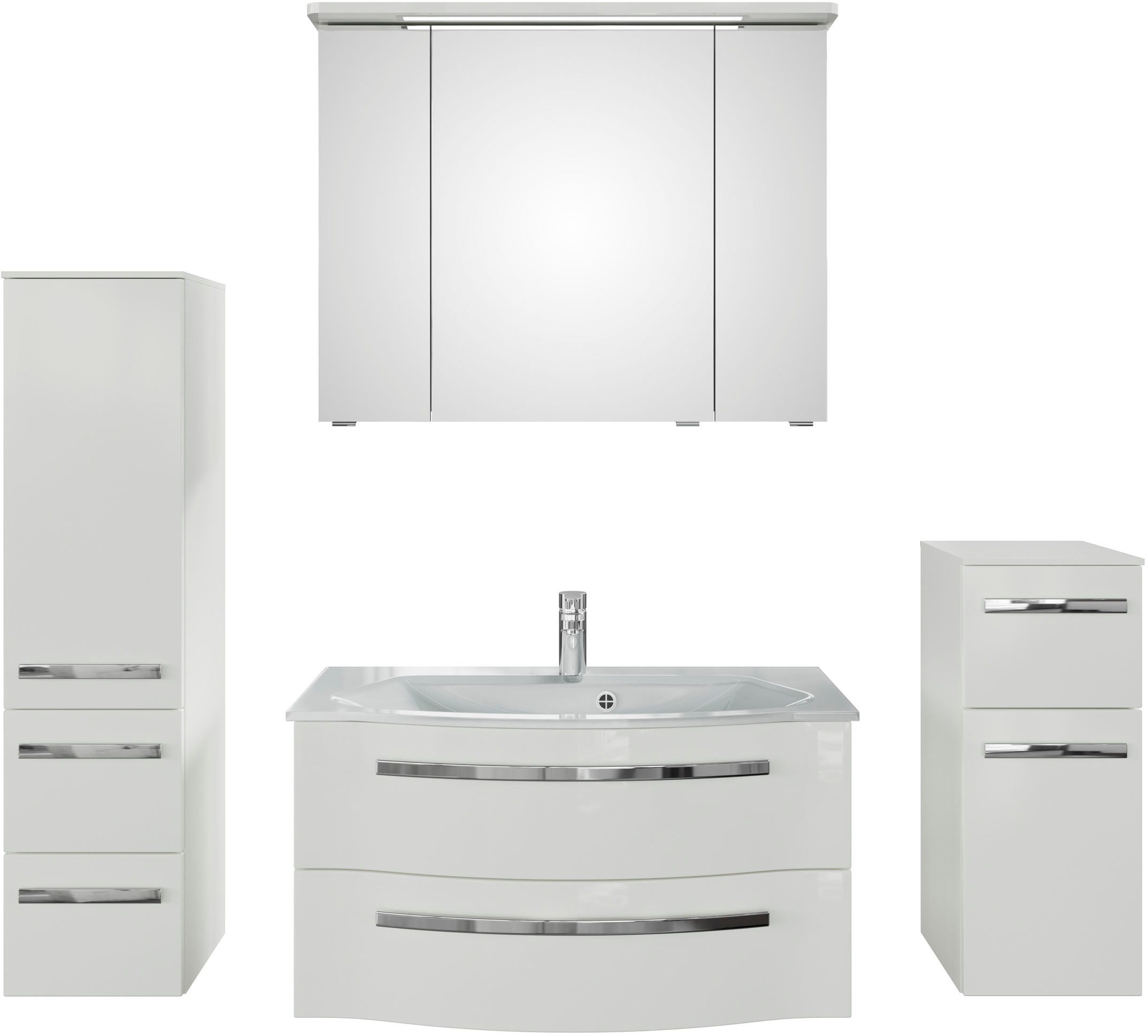 Saphir Badmöbel-Set Serie 4005, vormontiert, Glaswaschbecken, Spiegelschrank, (Set, 5-St), Badezimmer-Set mit Unterschrank, Midischrank, inkl. Türdämpfer