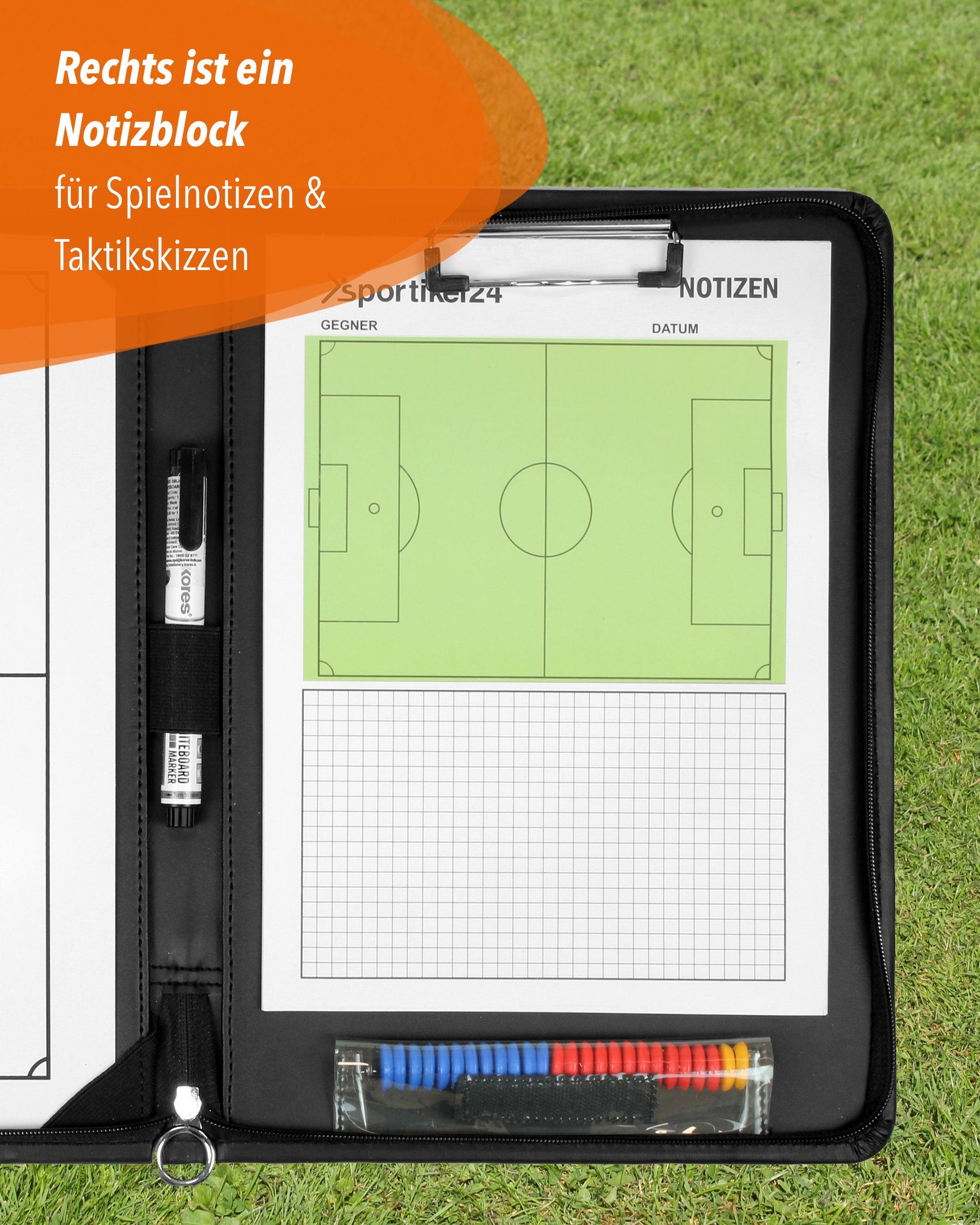 SPORTIKEL24 Organisationsmappe Taktikmappe für Fußball, 23 x 34 cm, schwarz, Tactic Board, Trainermap