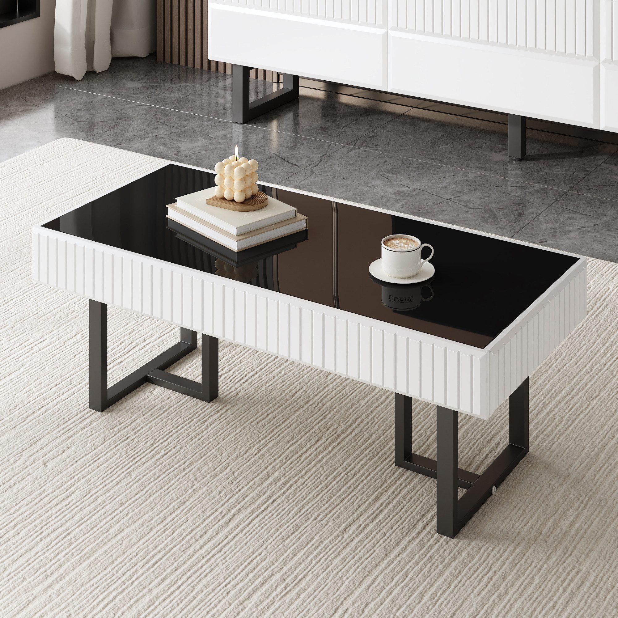 HAUSS SPOLE TV-Schrank mit Schubladen,TV-Möbelstück TV-Regal mit Eisenbeine Hochglanzmaterial (Packung, Couchtisch mit stabilem Gestell) Klassisches Schwarz-Weiß-Design, geräumiger Desktop