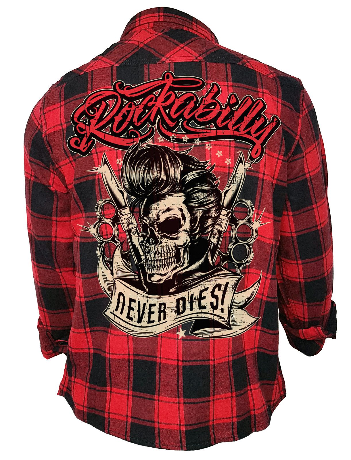 GASOLINE BANDIT® Flanellhemd Herren Worker Hemd schwarz-rot kariert - Rockabilly Never Dies