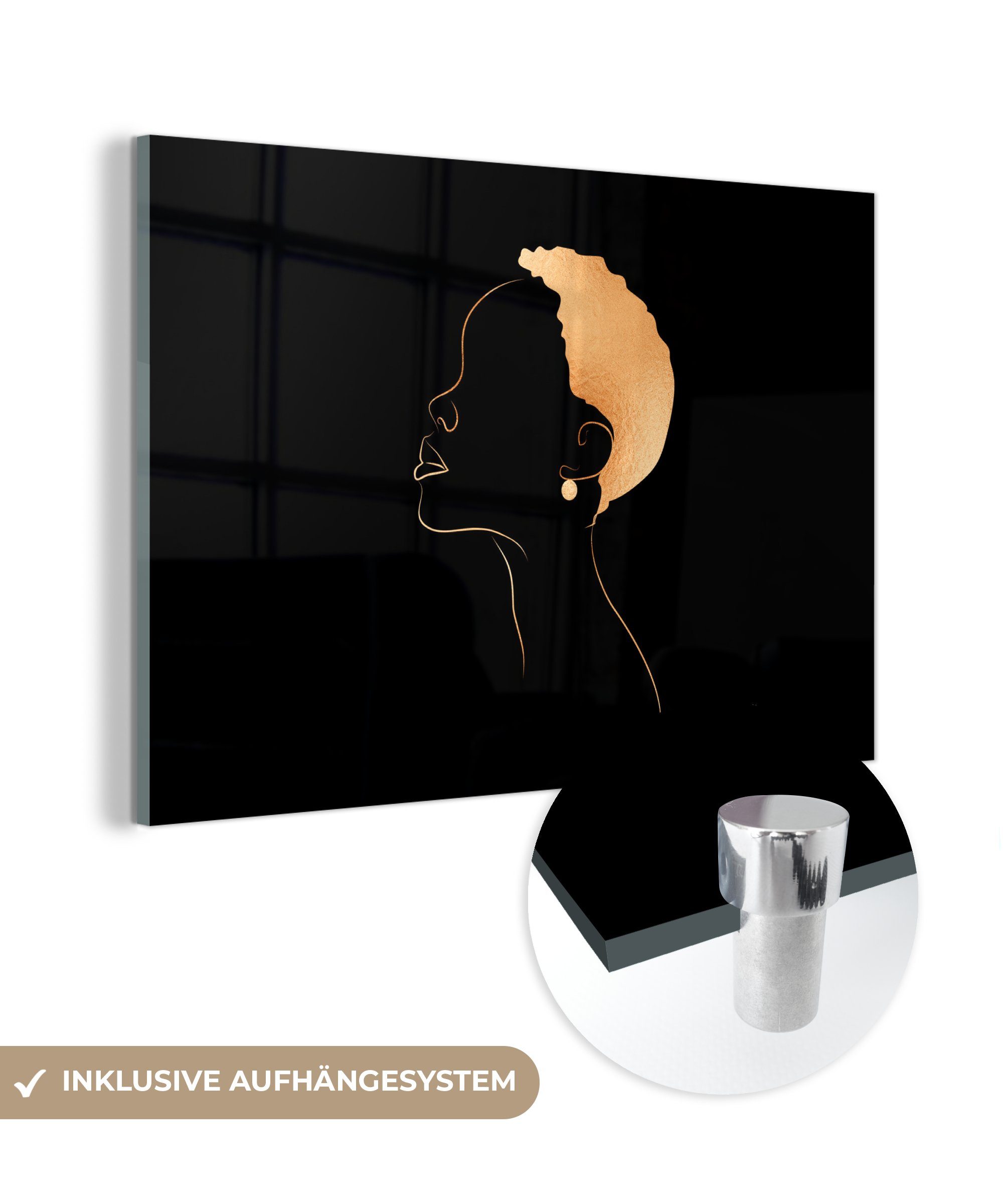 - Wandbild - Wanddekoration - MuchoWow Glasbilder - St), - Bilder auf auf Glas Frau Acrylglasbild Strichzeichnung - Foto Gold, Schwarz (1 Glas