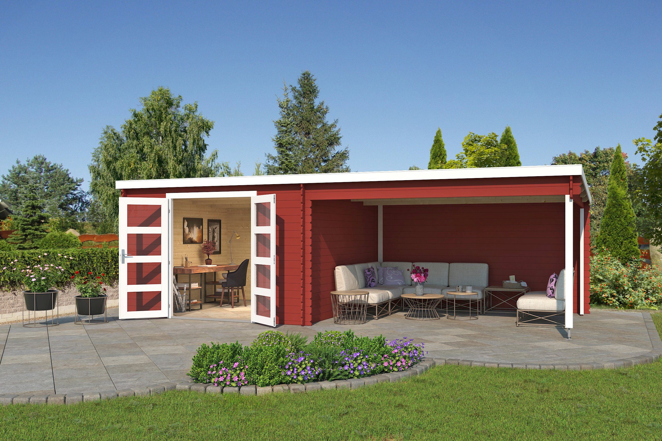 LASITA MAJA Gartenhaus New Orleans, BxT: 730x359 cm, (Set), Blockbohlenhaus 28mm mit Anbau