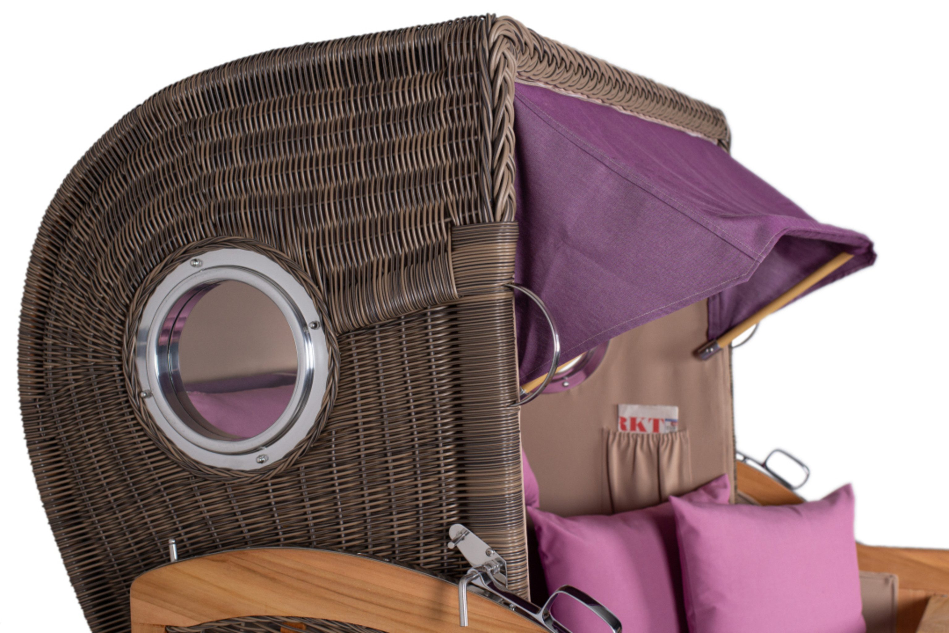 MR.DEKO Strandkorb Strandkorb Düne Grande Bullauge Teak PE Grey Dessin 590, BxTxH: 142x95x170 cm