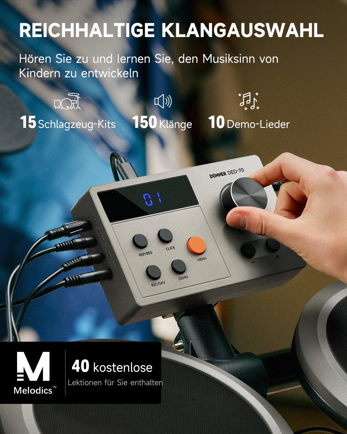 Donner E-Drum E-Schlagzeug 450 Sounds mit Thron Pedale Kopfhörer Unterricht DED-200,Set, Trommelhocker/Drumsticks/Kopfhörer/Audiokabel, 5 Trommeln und 4 Becken