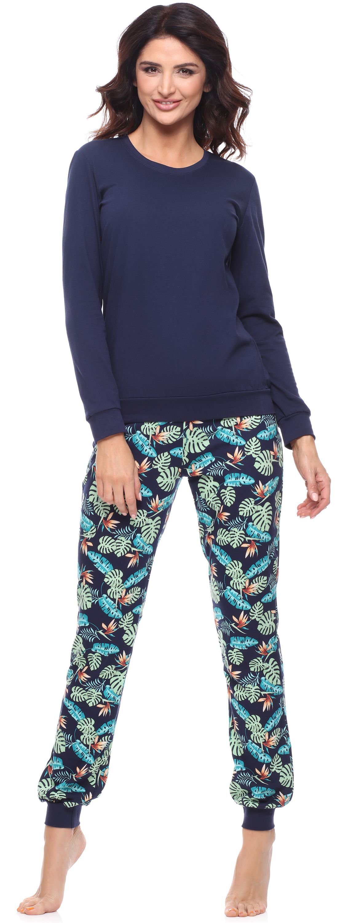 Zweiteiler Schlafanzug Pyjama mit Damen lang bunt Merry Muster Style Schlafanzug MS10-268 Marineblau/Blätter