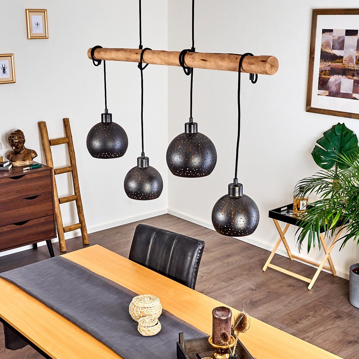 hofstein Pendelleuchte »Nave« 4-flammige Deckenlampe aus Metall in schwarz und kupferfarben, ohne Leuchtmittel, Vintage Look Pendellampe mit Holz in Natur, 4xE27