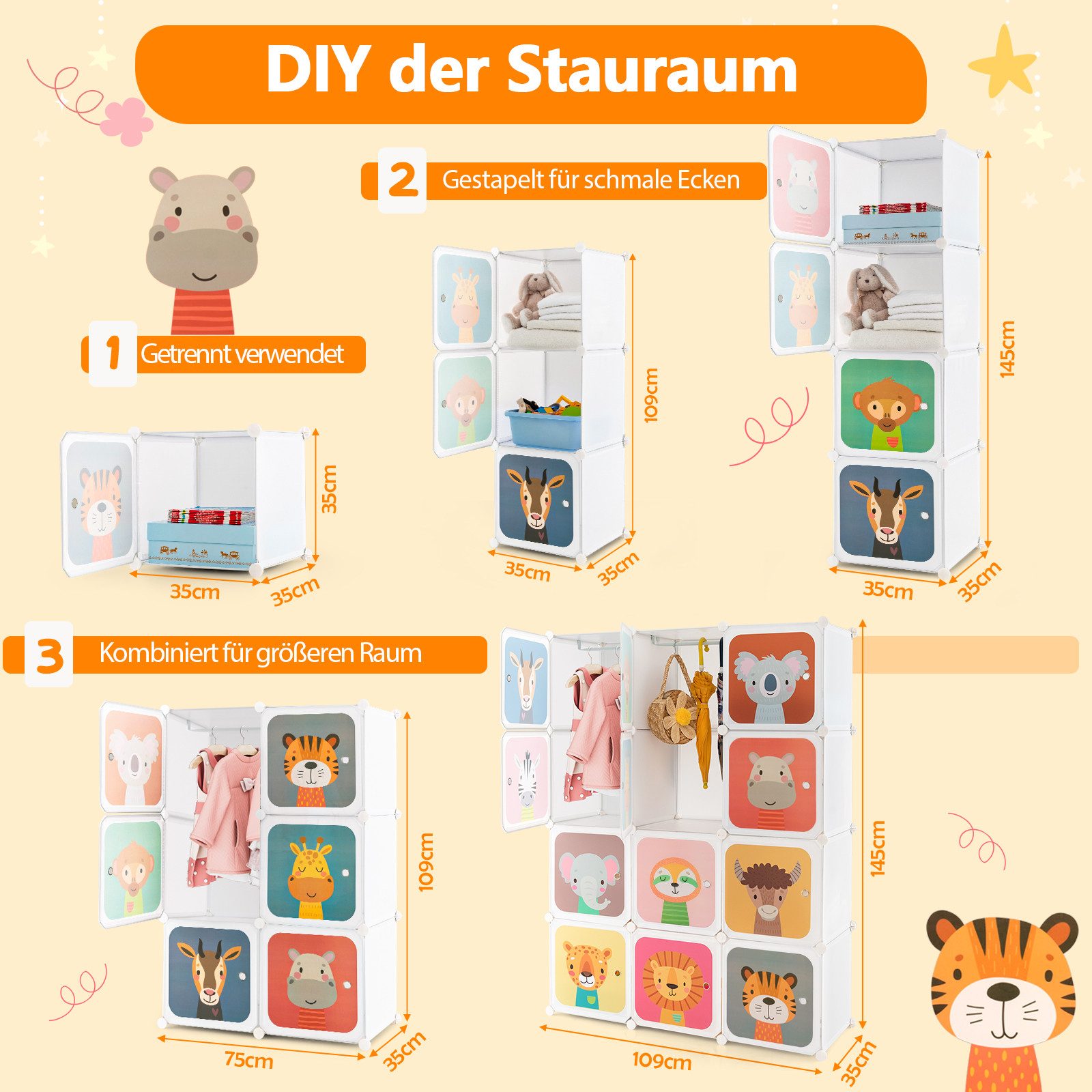 COSTWAY Kinderkleiderschrank mit 2 Kleiderstängen und 12 Würfeln, erweiterbar