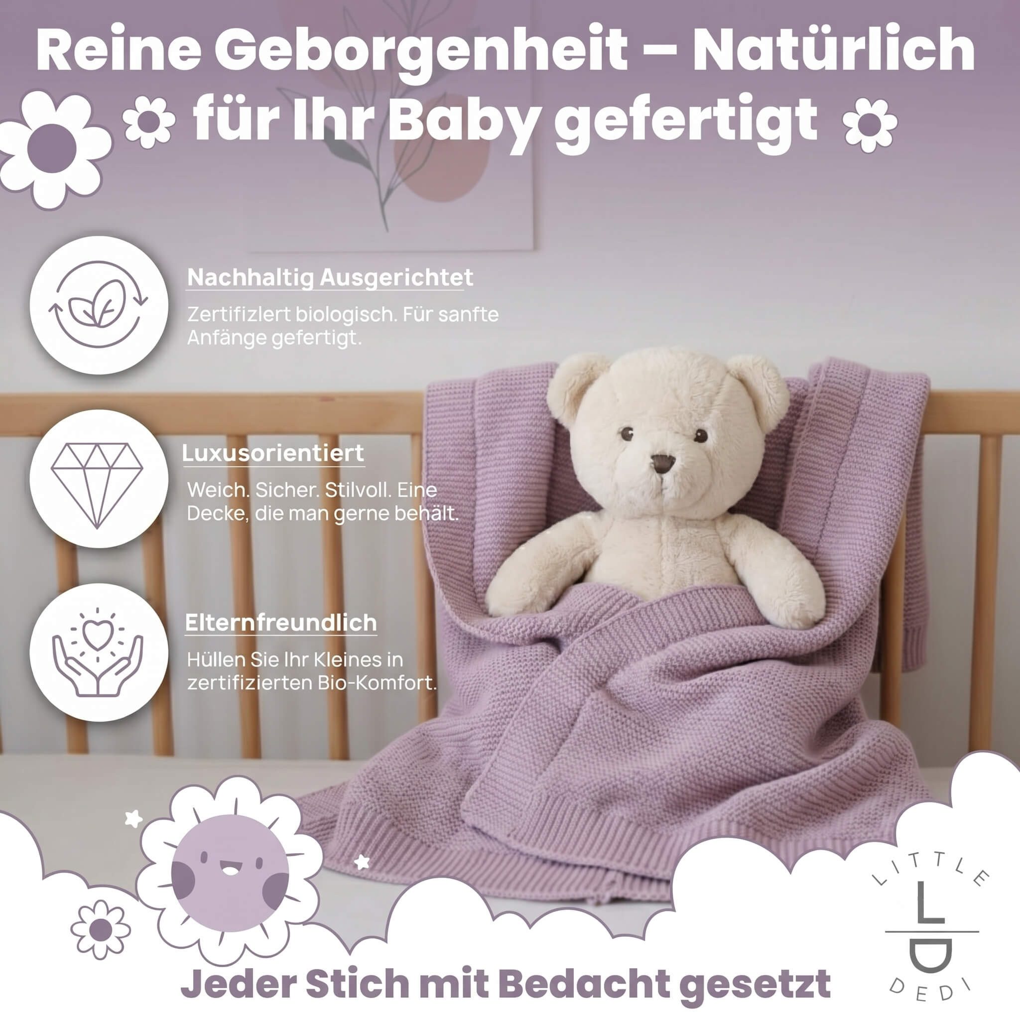 Babydecke Baby Strickdecke, %100 Bio Baumwolle, Atmungsaktiv, 80x100cm, Lavendel, Little Dedi