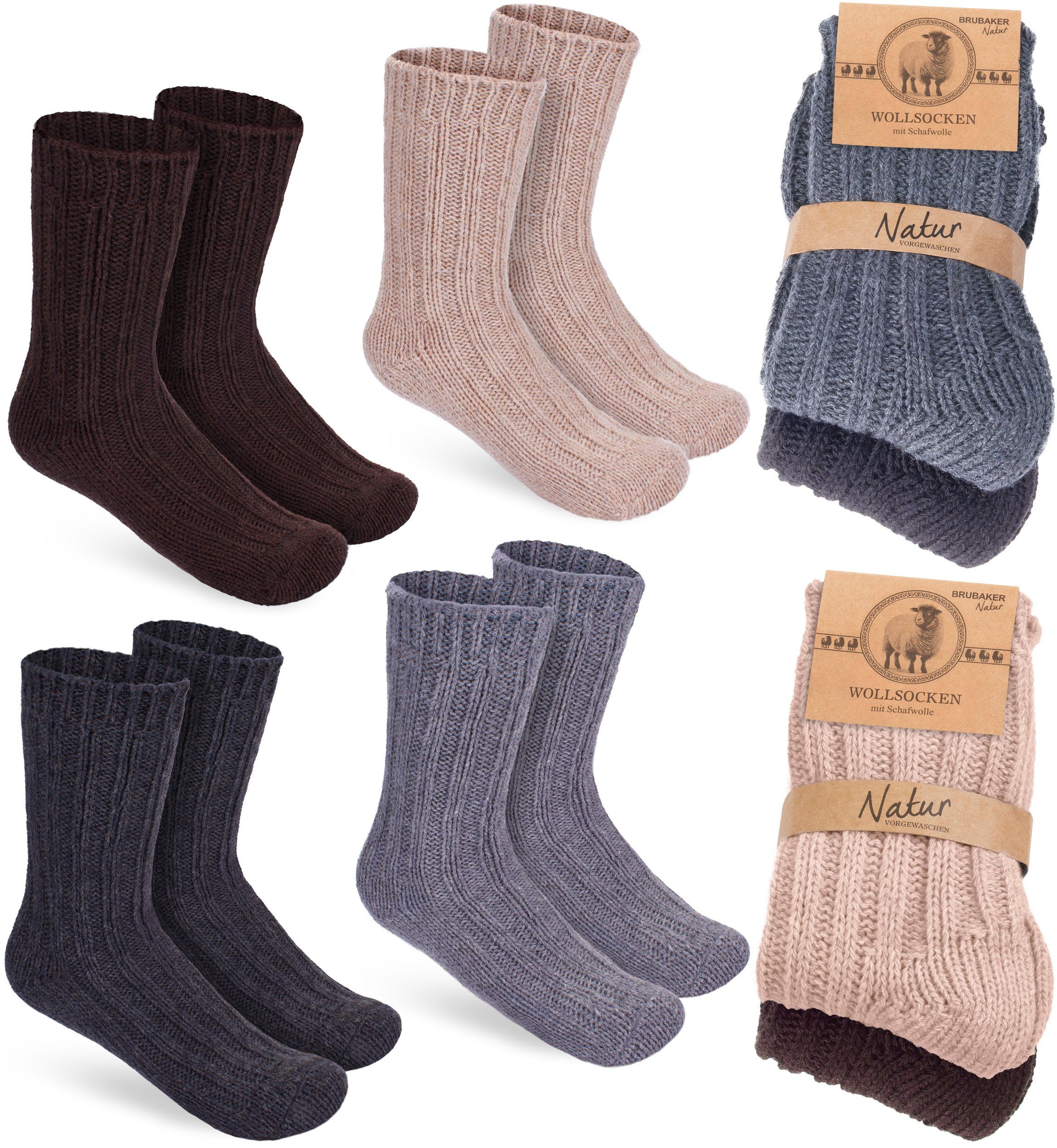 BRUBAKER Socken Kinder Wollsocken - Warme Wintersocken für Jungen und Mädchen (4-Paar, 4er-Pack) Flauschiges Socken Set mit Schafwolle - Winter Kindersocken Grau, Braun, Beige und Anthrazit