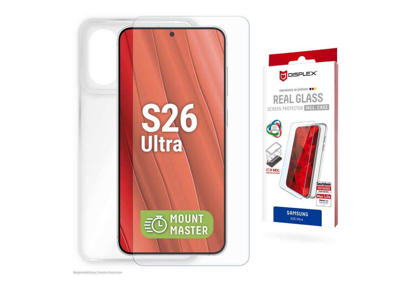Displex Displayschutzglas Real Glass Screen Protector inkl. Case mit MountMaster für Samsung Galaxy S26 Ultra, Displayschutzfolie, Schutzfolie, Bildschirmschutz, kratz- & stoßfest