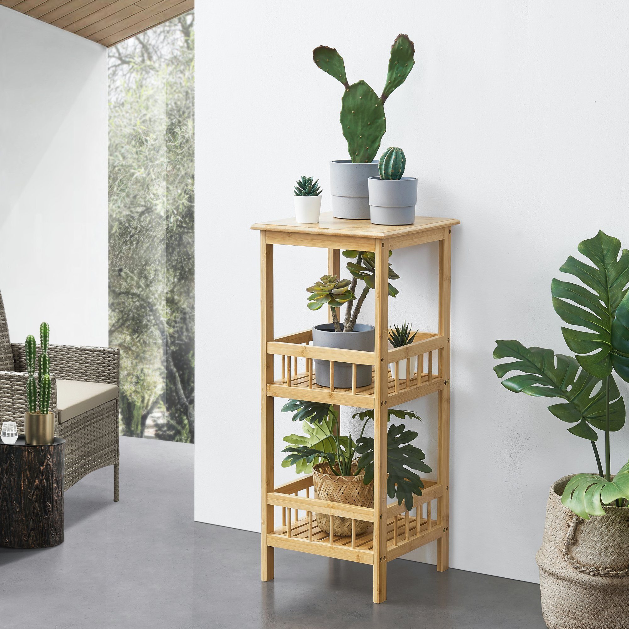 en.casa Standregal, Pyhäjärvi Pflanzregal 2 Ablagefächer Bambus 79x33x33cm günstig online kaufen