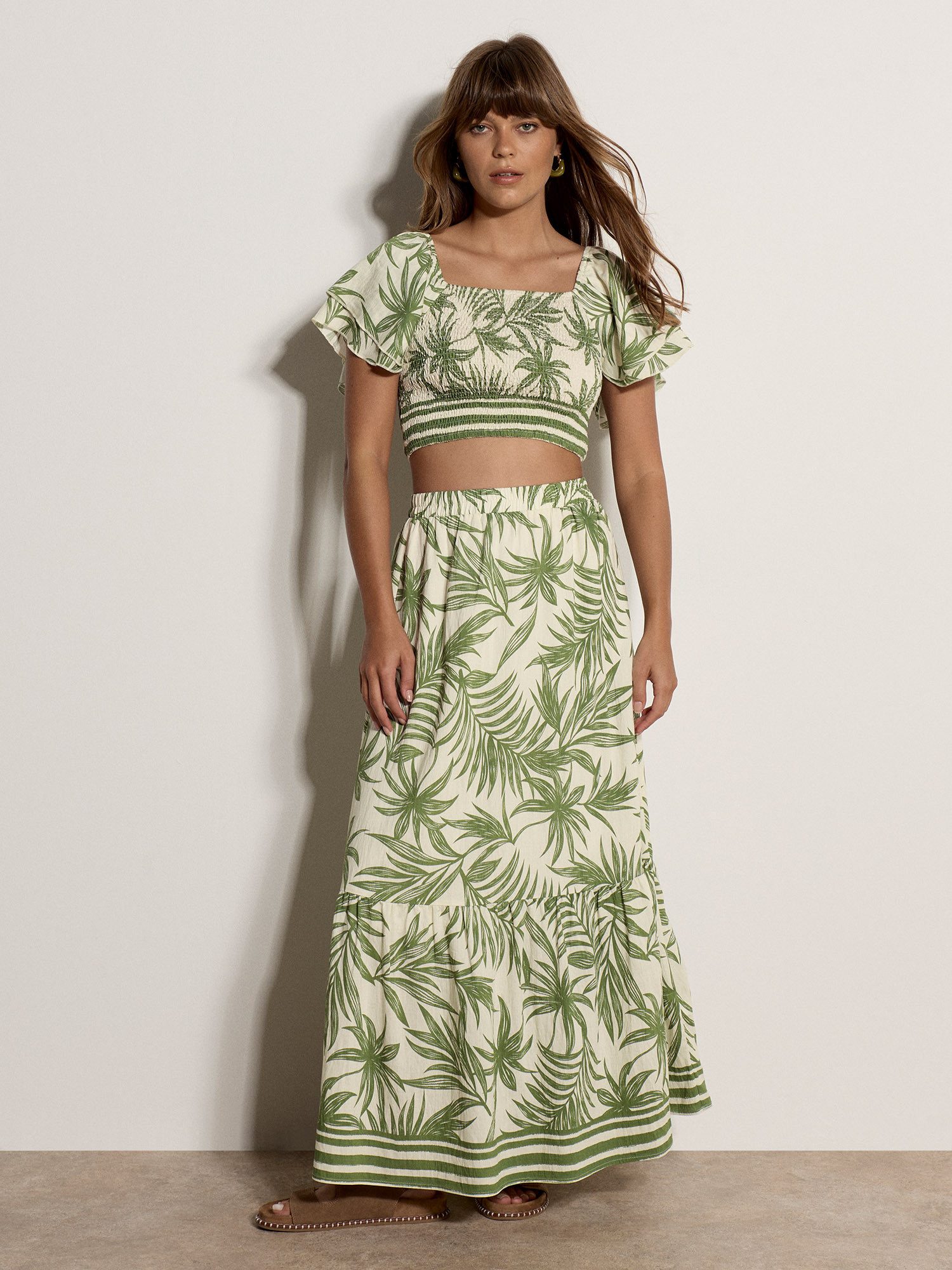 Apricot Crop-Top Crop-Top mit Palmenprint Elastischer Bund