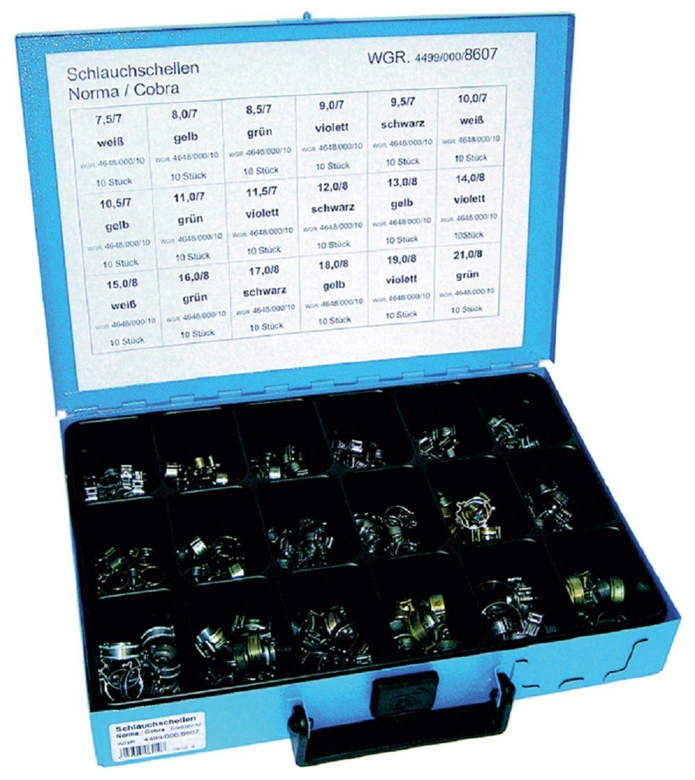 Werkstatt-Set COBRA Schlauchschellen Sortiment Edelstahl 150 farbig Edelstahl A2 18 fach 8607