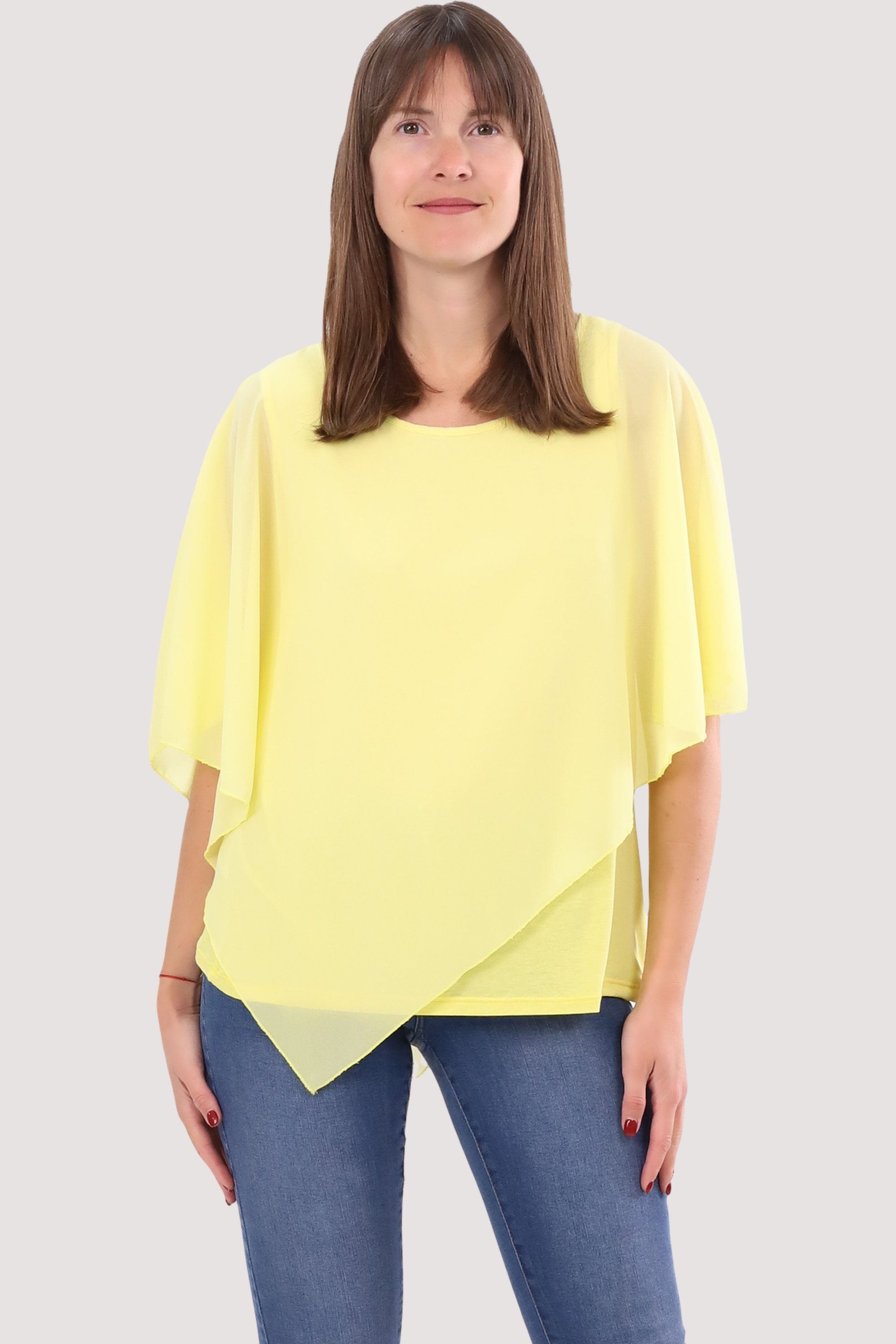 10732 geschnitten Chiffonbluse Schlupfbluse malito fashion Einheitsgröße asymmetrisch more than gelb Blusenshirt