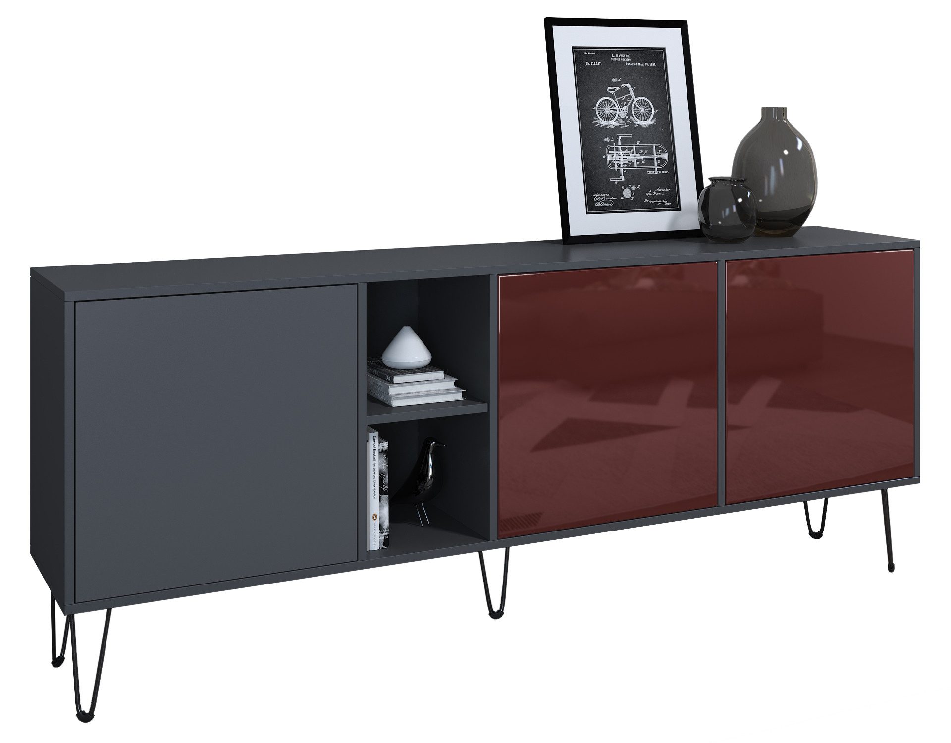 Vladon Sideboard Havana (TV-Schrank mit 3 Türen und 2 offene Fächer, Kommode Made in Germany), Anthrazit matt / Bordeaux Hochglanz (181,5 x 73 x 35 cm)