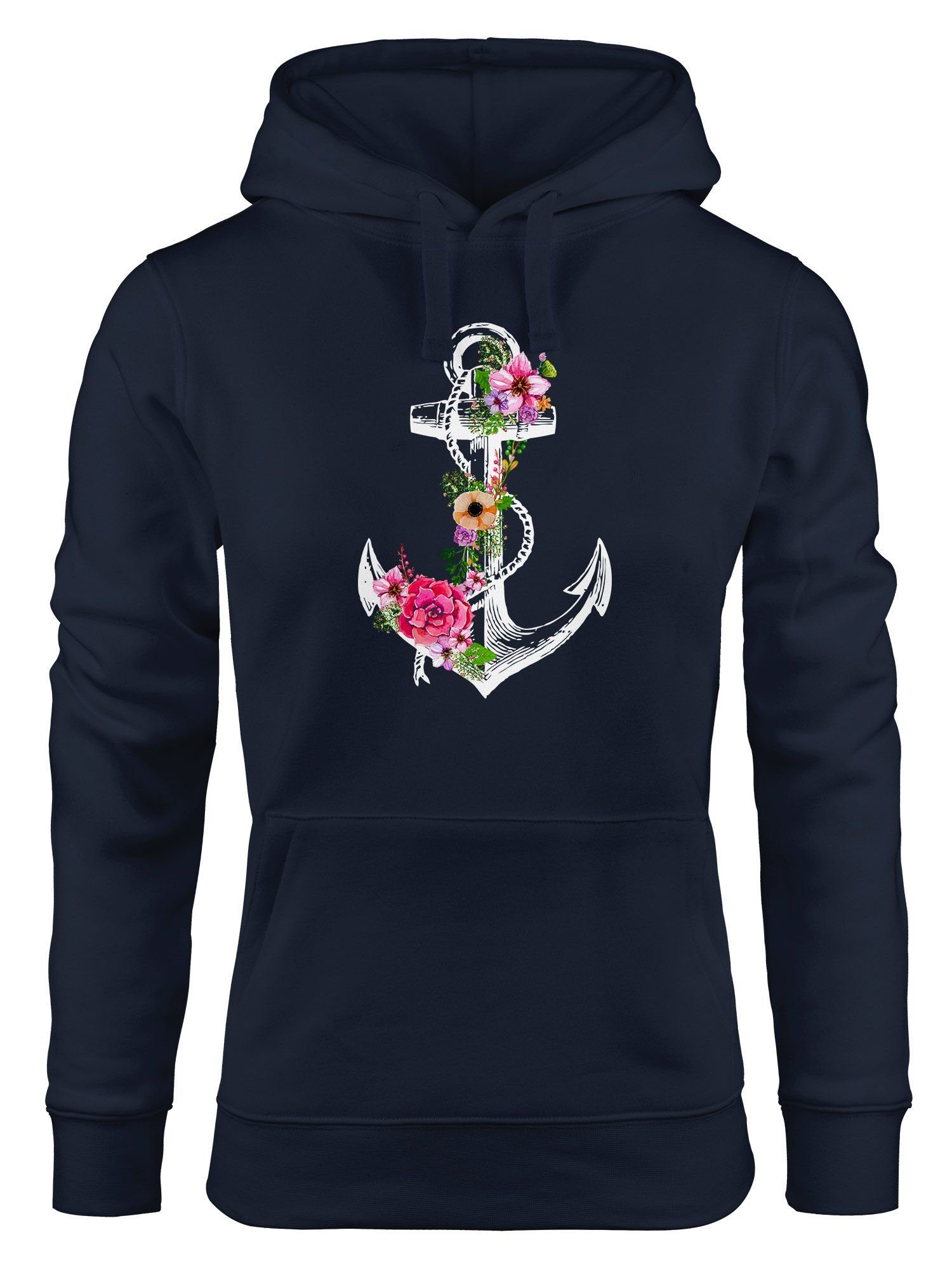 Watercolor Kapuzenpulli Kapuzen-Pullover Damen Blumen navy Anker Neverless® Hoodie Neverless Kapuzenpullover Hoodie Anchor Flower