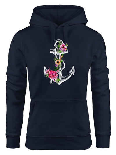 Neverless Hoodie Damen Hoodie Anker Blumen Flower Anchor Watercolor Kapuzen-Pullover Kapuzenpullover Kapuzenpulli Neverless®