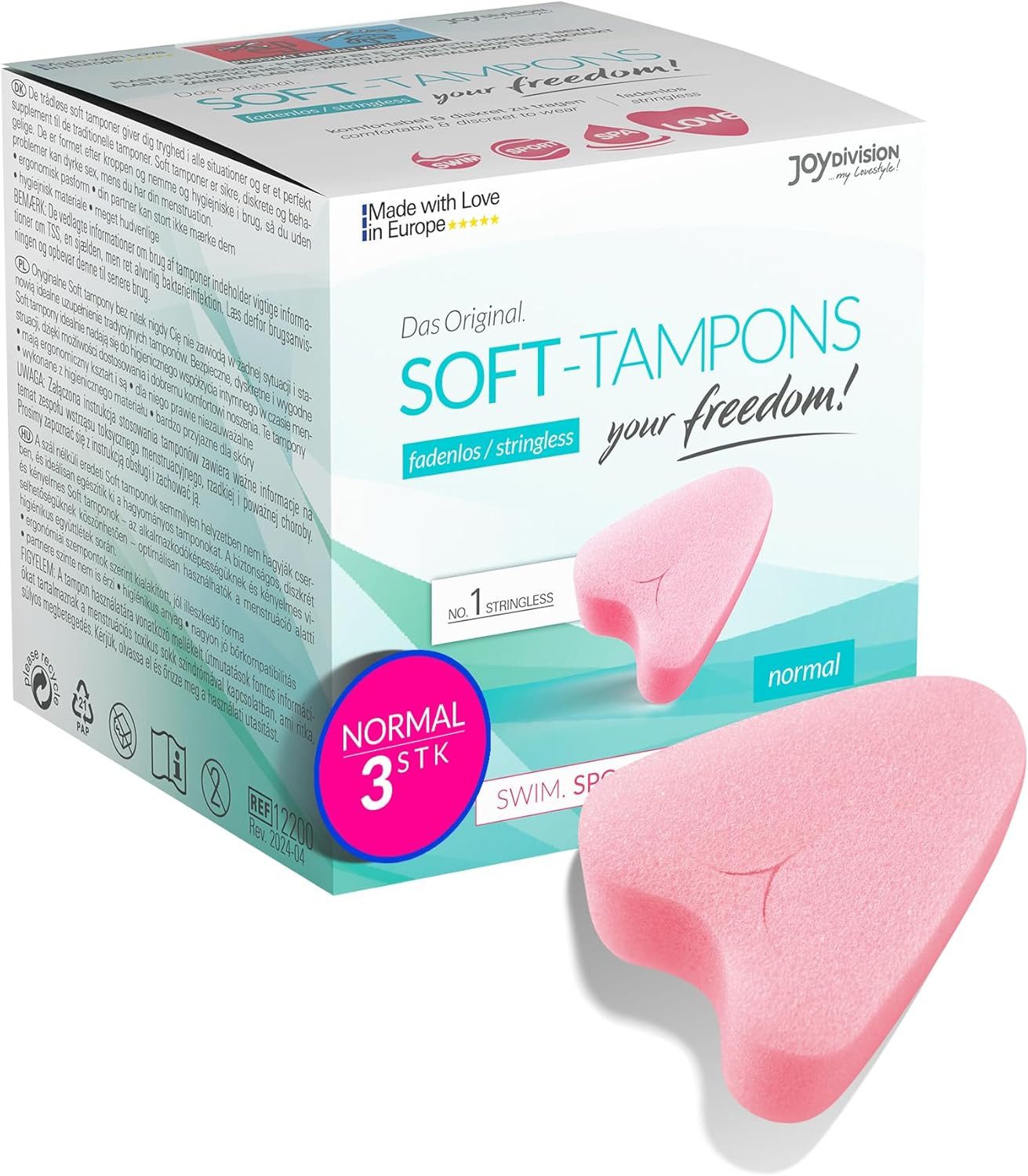 JOYDIVISION Tampons das Original, Soft Tampons, Fadenlose Freiheit, Normal Gr., 3-St., ohne Rückholfaden für Alltag, Sport und Spa