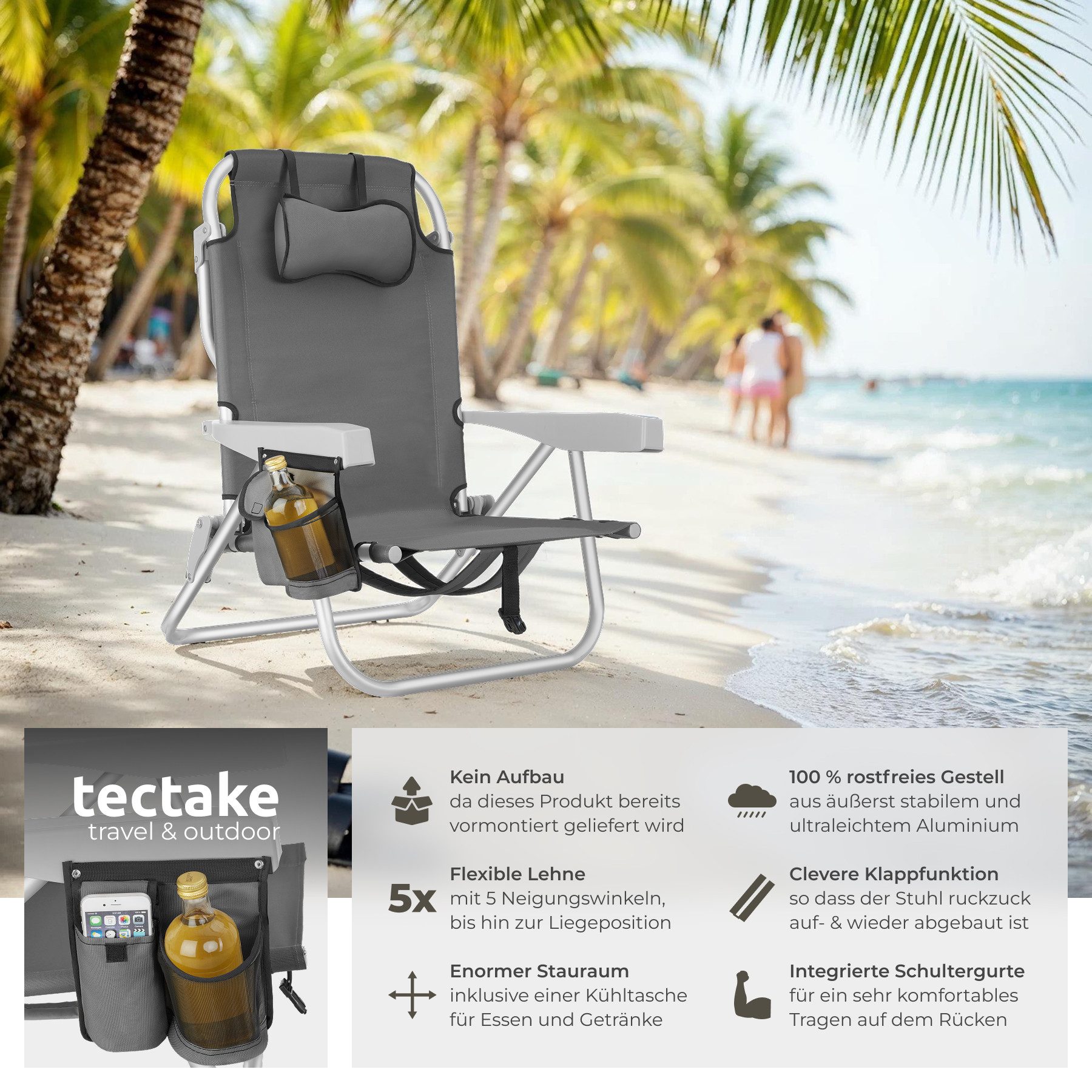 tectake Klappstuhl Aluminium Strandstuhl Coral-Klapper mit Rucksackfunktion (strandstuhl Coral, 1 St), Fünffach verstellbare Rückenlehne bis Liegeposition – Bild 2 von 5