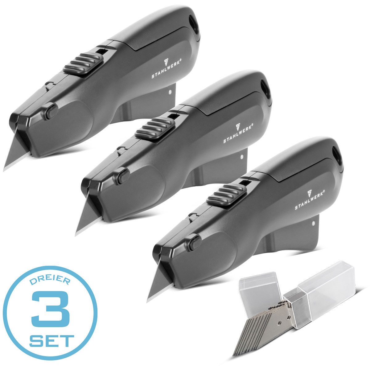 STAHLWERK Cuttermesser 3er Set mit 10 Ersatzklingen Teppichmesser Paketmesser, (Packung, 3-tlg., Set), mit automatischem Klingenrückzug