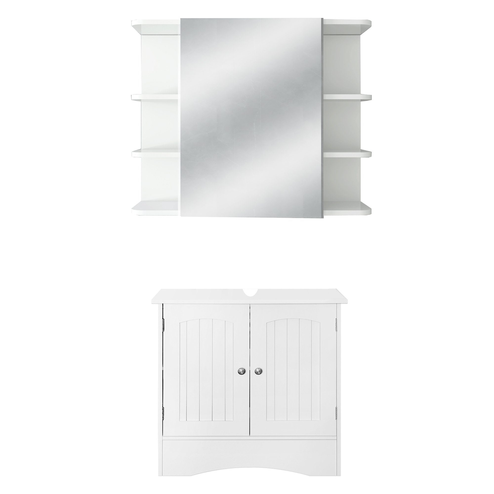 ML-DESIGN Badezimmer-Set Badmöbel Waschtisch Unterschrank Spiegelschrank Badezimmerschrank, (Komplett-Set, 2-St), 2-teilig Landhausstil Spiegelschrank Modern Weiß Holz viel Stauraum
