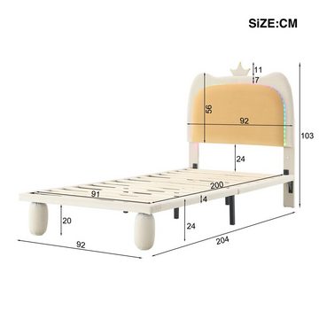 Flieks Polsterbett, LED Beleuchtung Kinderbett Einzelbett mit Krone am Kopfteil 90x200cm