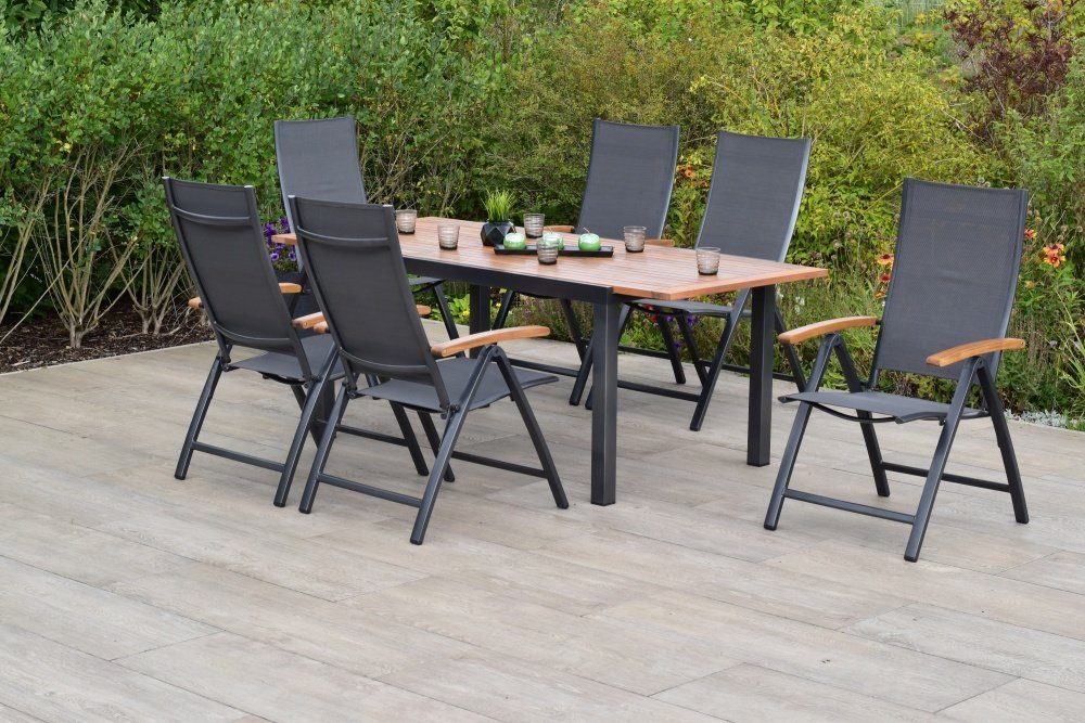 MERXX Garten-Essgruppe Toblino, (Set 7tlg., 6 Sessel, 1 AZ-Tisch, Aluminiumgestell mit Textilbezug und Akazienholz), ausziehbarer Tisch