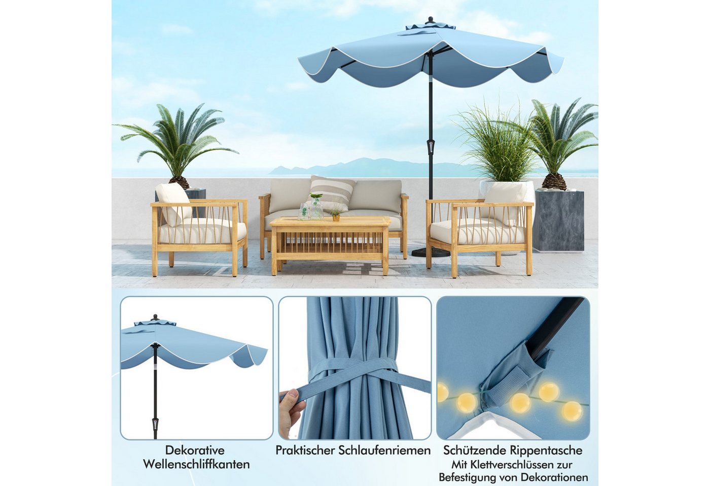 Thumbnail - COSTWAY Sonnenschirm, LxB: 270x270 cm, Gartenschirm mit Kurbel &Volant, neigbar