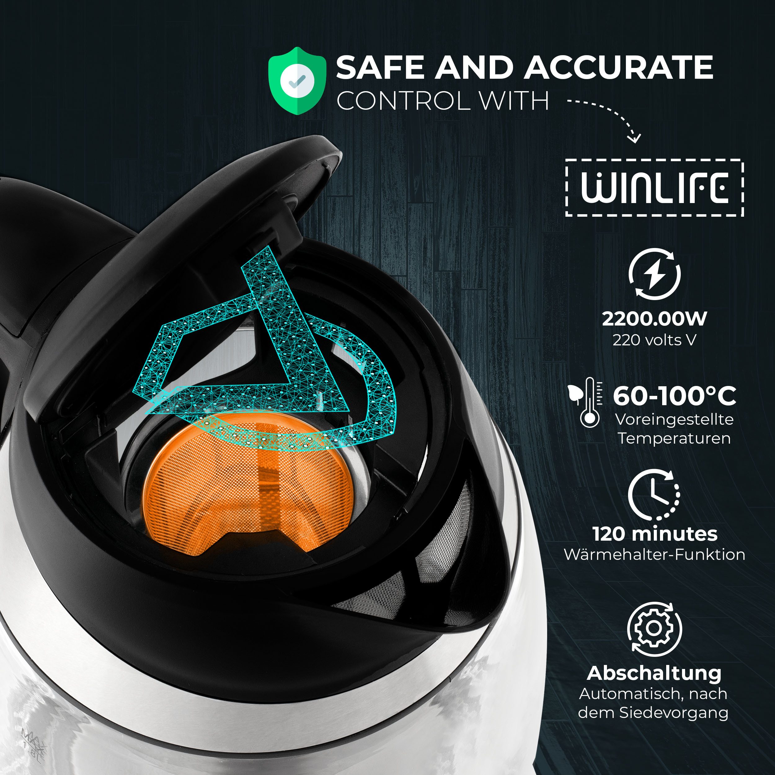 WINLIFE Wasserkocher Glaswasserkocher 1,8L Temperatureinstellung Temperaturwahl 60-100°C, 1.8 l, 2200.00 W, Glas Wasserkocher 2200 Watt mit LED-Temperaturanzeig – Bild 4 von 5