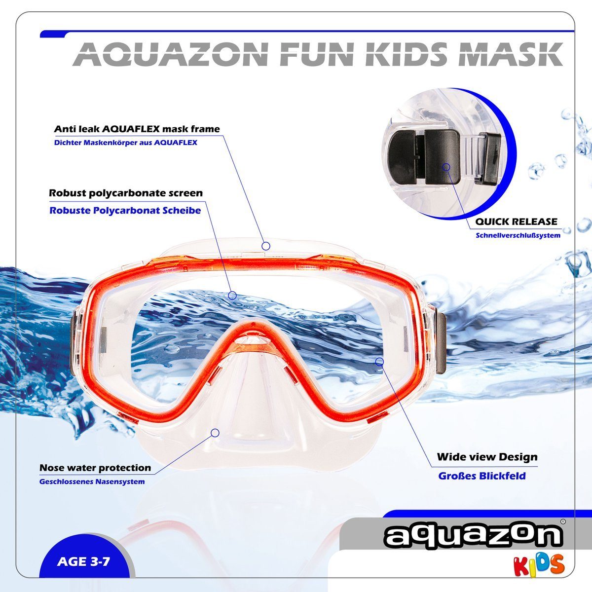 AQUAZON Taucherbrille Jahren mit von 3-7 transparent rot Schnorchel, FUN Schnorchelset, Kinder