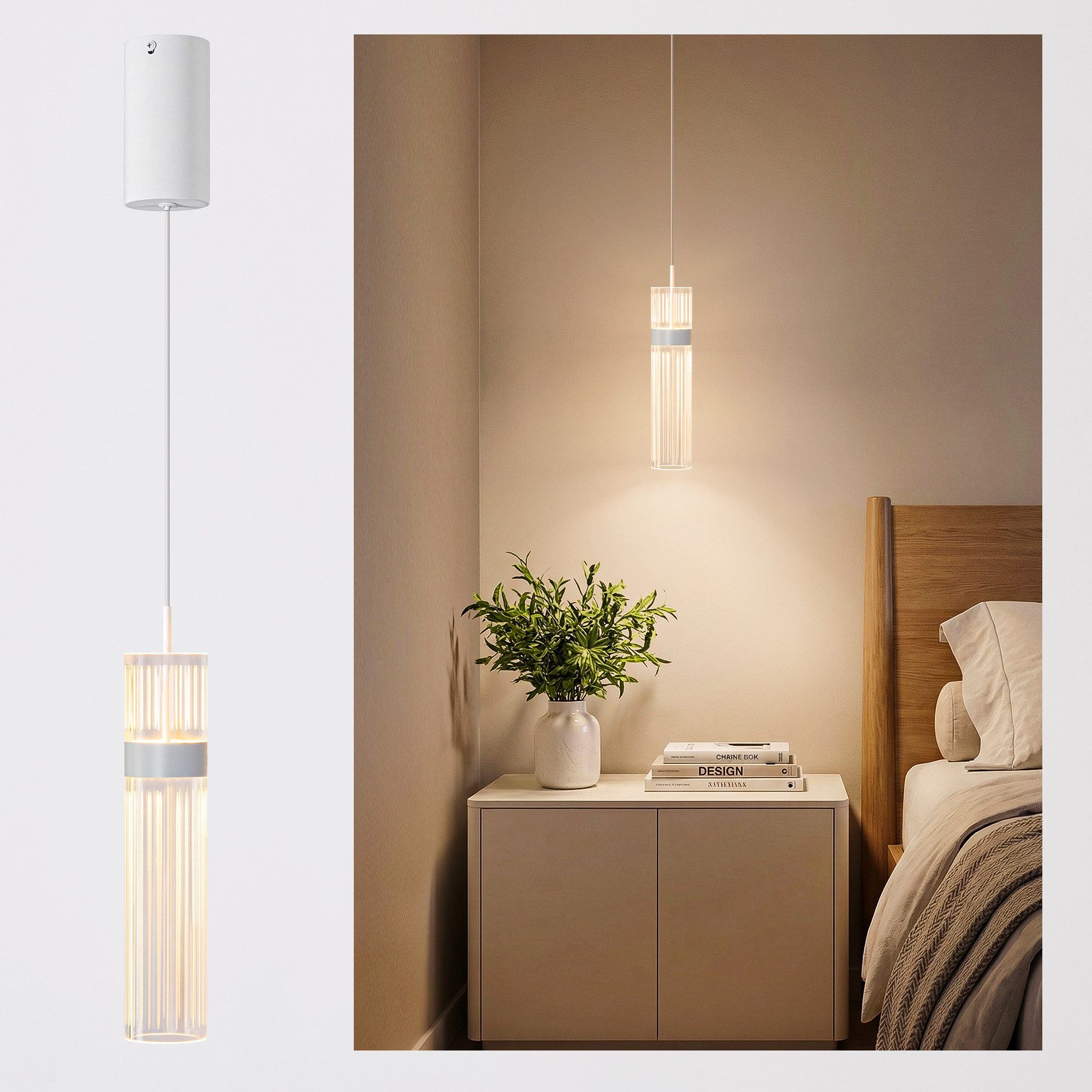 BlingBin Pendelleuchte LED-Pendelleuchte, 1-flammig, 6 W, 600 lm, 3 Lichtfarben mit Memoryfunktion, LED fest integriert, Neutralweiß, Warmweiß, Tageslichtweiß, höhenverstellbare Hängelampe aus Acryl und Metall, Weiß
