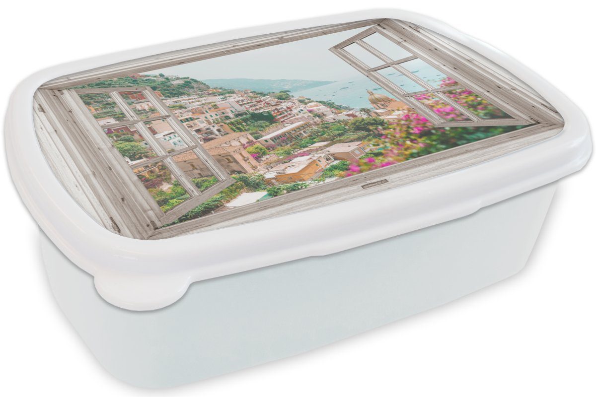 MuchoWow Lunchbox Ausblick - Italien Küste und Brotbox Meer - - - Jungs Blumen - (2-tlg), Stadt weiß Mädchen Erwachsene, Kinder Kunststoff, - für Berge, für Brotdose, und