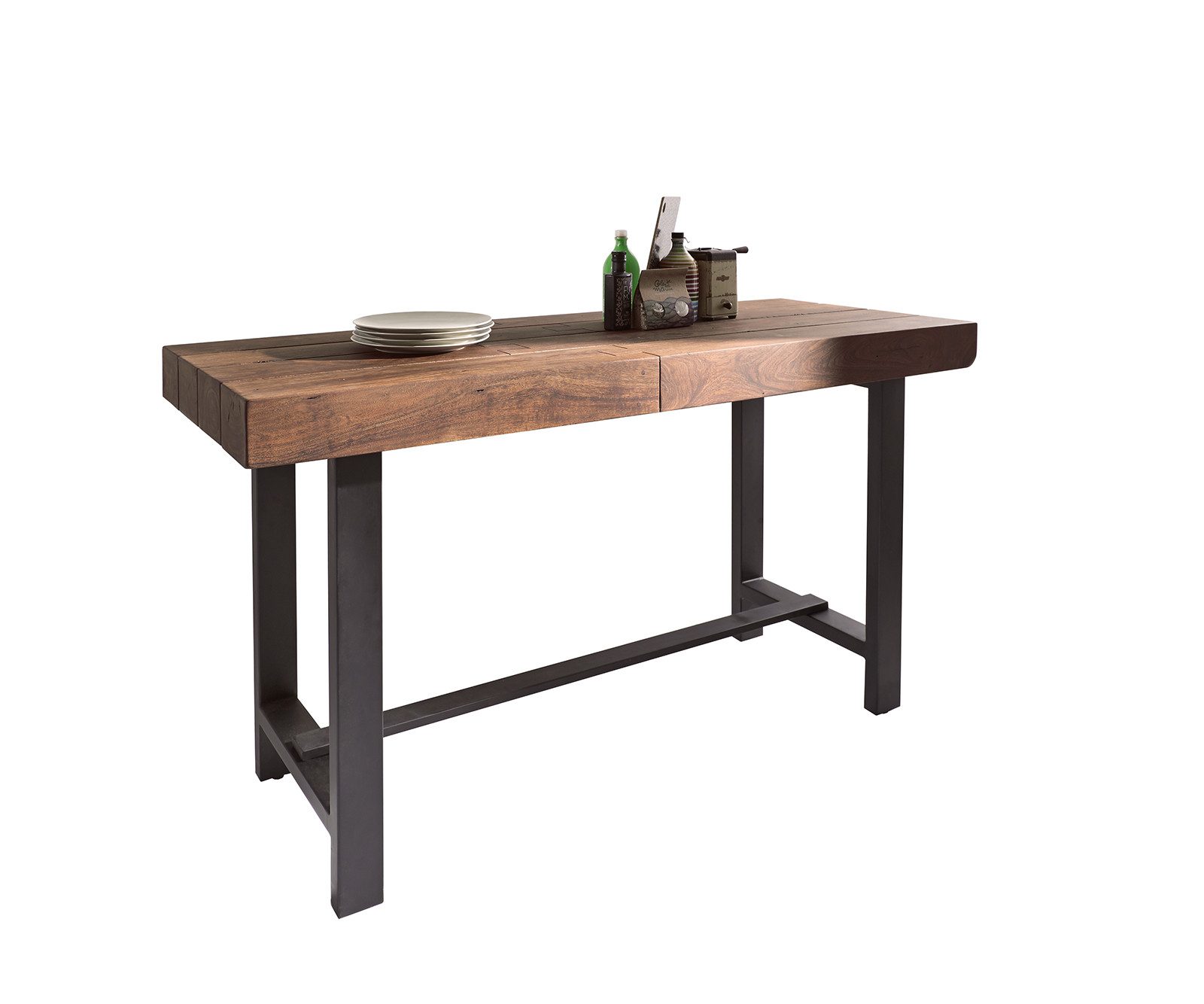 DELIFE Bartisch Blokk, Akazie Braun 165x60 cm mit Metallbeine Bartisch