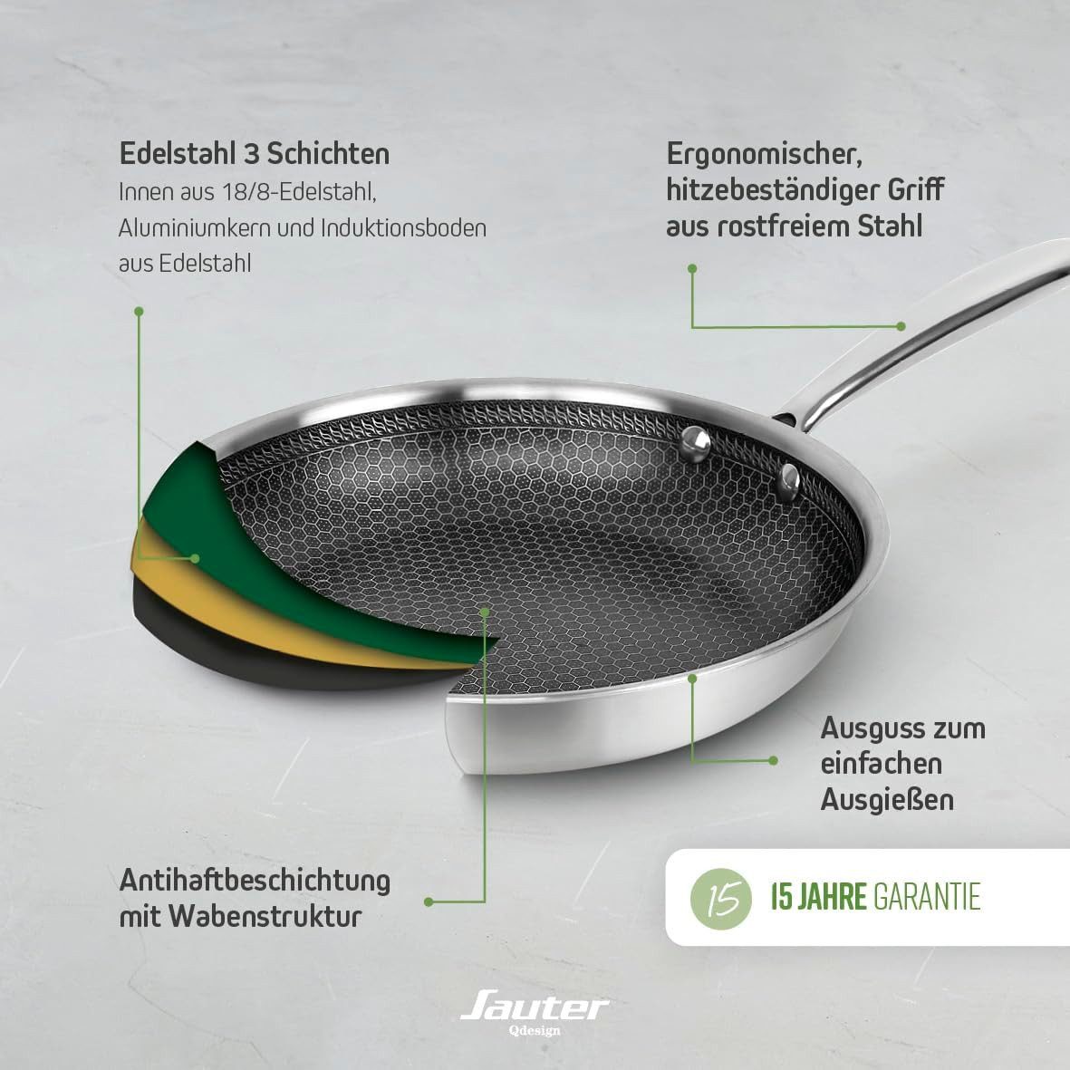 QDesign by Sauter Bratpfanne aus Edelstahl mit Wabenbeschichtung, Edelstahl (1-tlg) – Bild 3 von 5