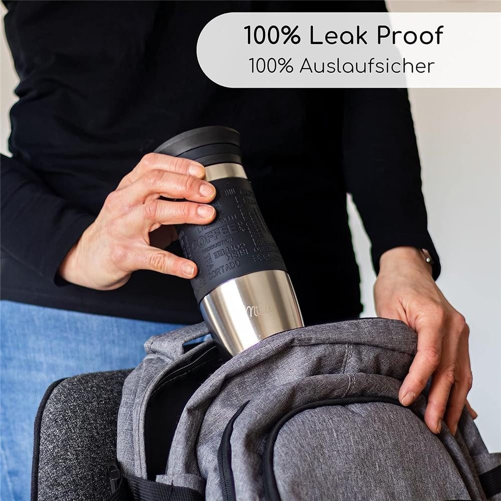 Milu Thermobecher Kaffee to go 370ml, Isolierbecher Kaffeebecher, Autobecher, silber, schwarz