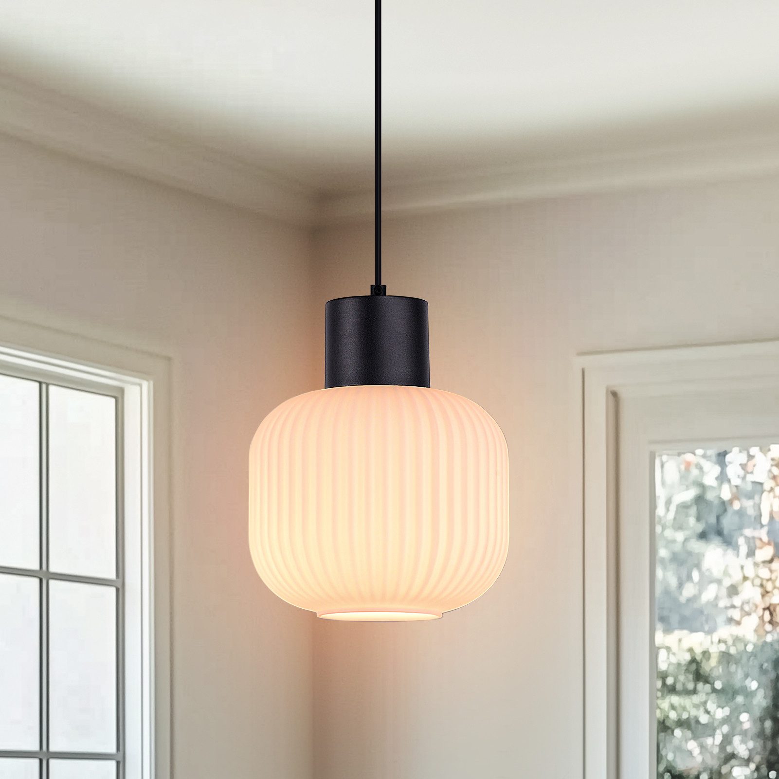 STANBOW Pendelleuchte Deckenlampe 1-Flammig Jadeglas-Struktur+Schwarz Metall Hängelampe, ohne Leuchtmittel (max.40W E27) für Esstisch/Schlafzimmer/Cafe