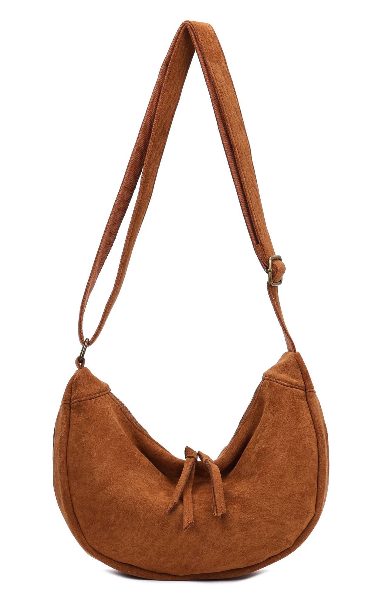 ITALYSHOP24 Schultertasche Damen Tasche MOON Halbmond Cross Over Body Bag Umhängetasche Suedette, Tragekomfort Hüft Brust Bauch Gürtel Rücken Slingtasche Wildlederoptik
