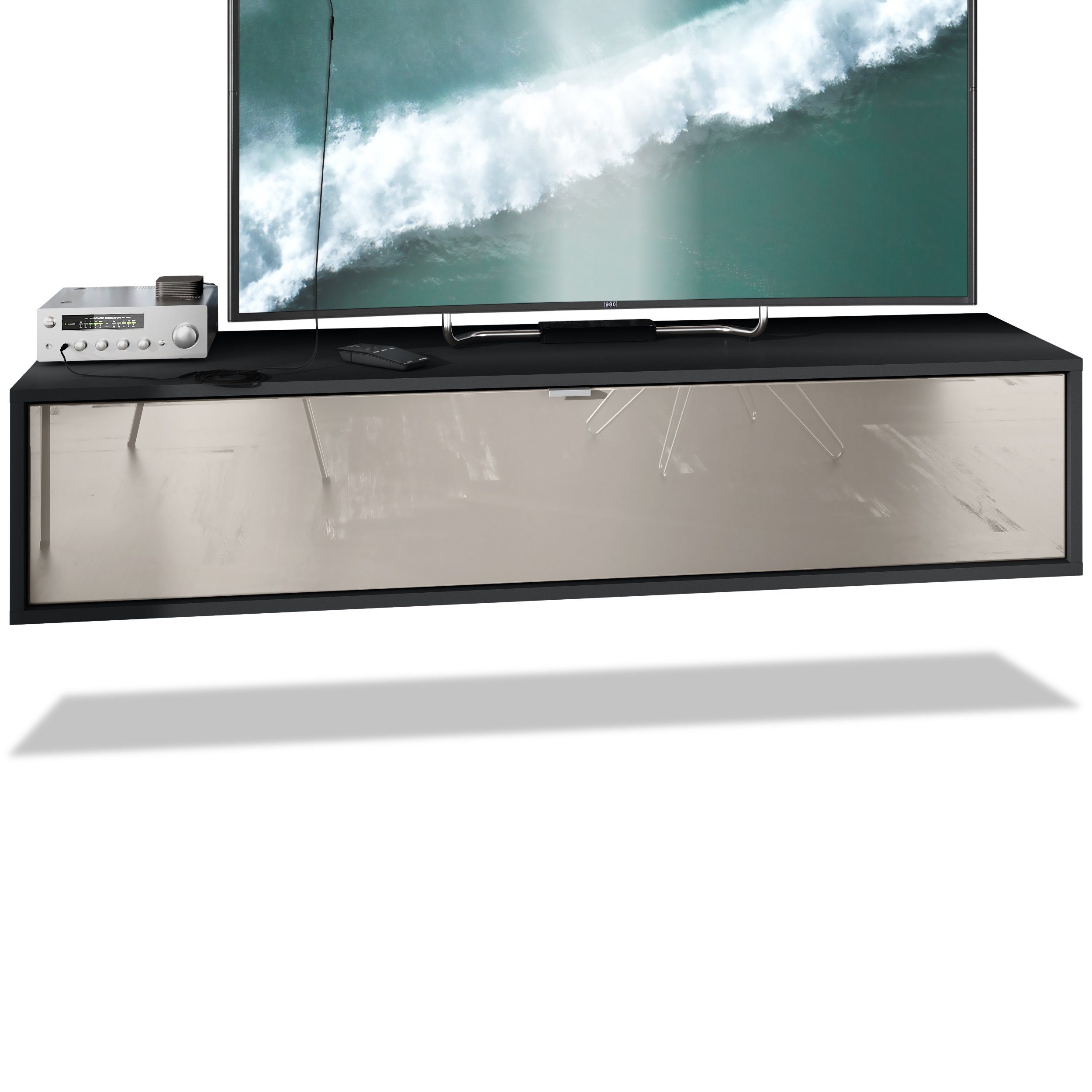 Vladon Lowboard Lana 1400 (TV-Kommode, mit Klappe dahinter 3 Fächer), Schwarz matt/Sandgrau Hochglanz (140 x 29 x 37 cm)