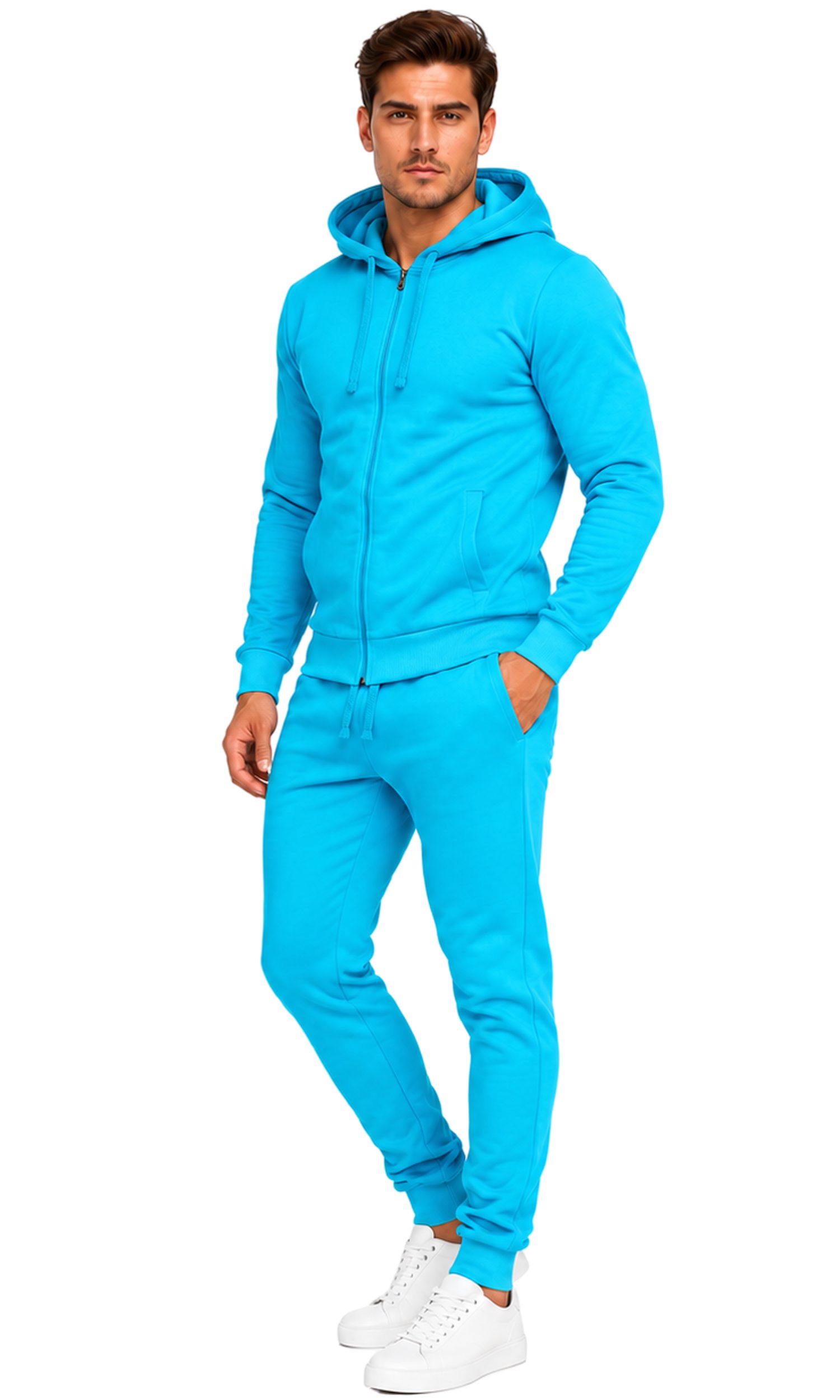L.gonline Freizeitanzug Herren Jogginganzug einfarbig 100% BW 586 Türkis S (Kapuzenjacke mit Reißverschluss, Hose, 2-tlg), Fitness Freizeit Casual