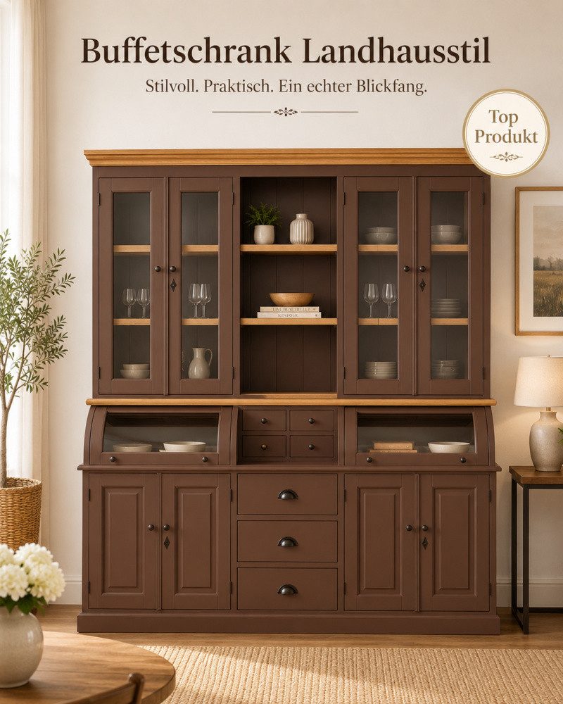 Wohnpalast Buffet Buffet Schrank Berlin 200 cm Kastanienbraun mit Eiche- Landhaus Möbel