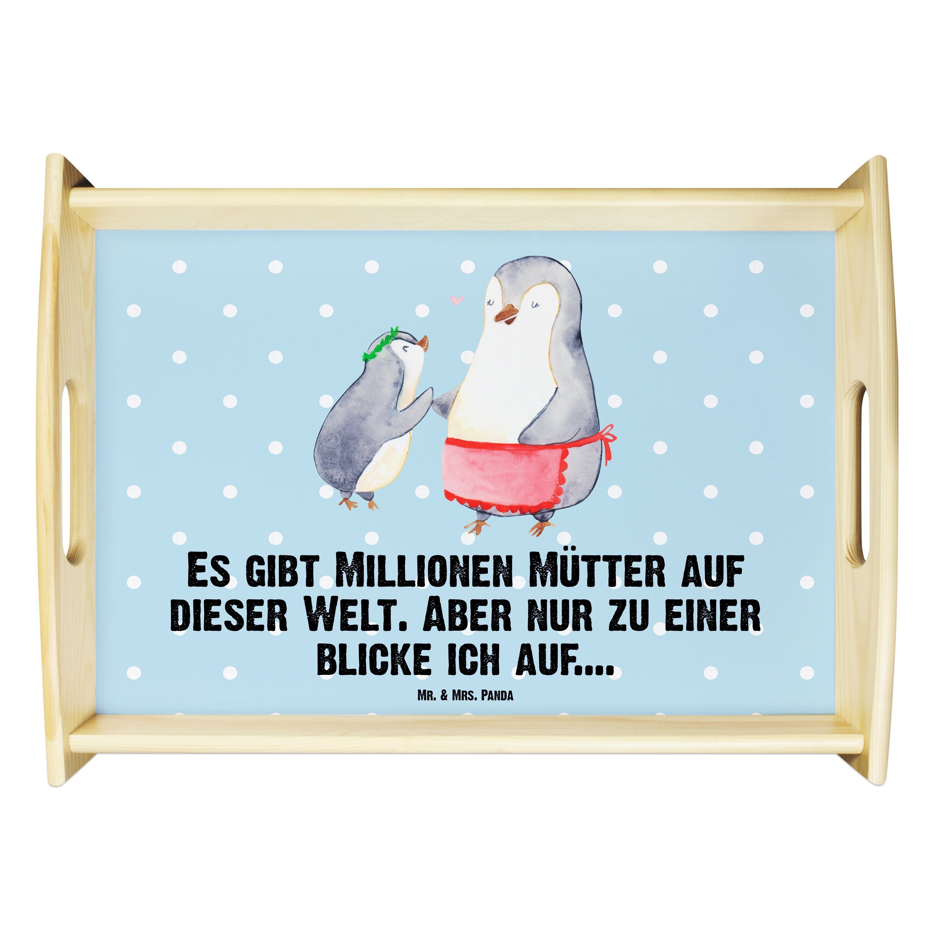 Mr. & Mrs. Panda Tablett Pinguin mit Kind - Blau Pastell - Geschenk, Opa, Dekotablett, Vorbild, Echtholz lasiert, (1-tlg)