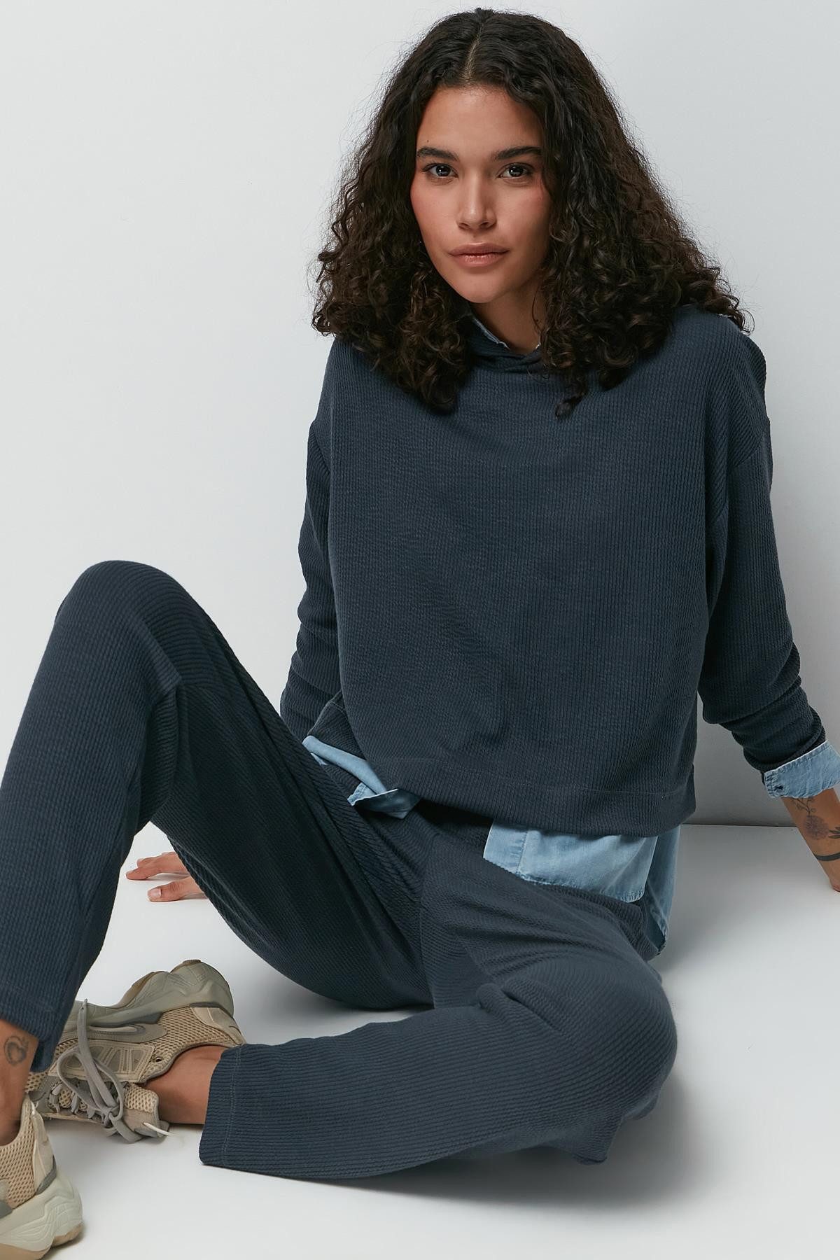 C&CITY Blusentop Gestreiftes Kapuzen-Sweatshirt-Set günstig online kaufen