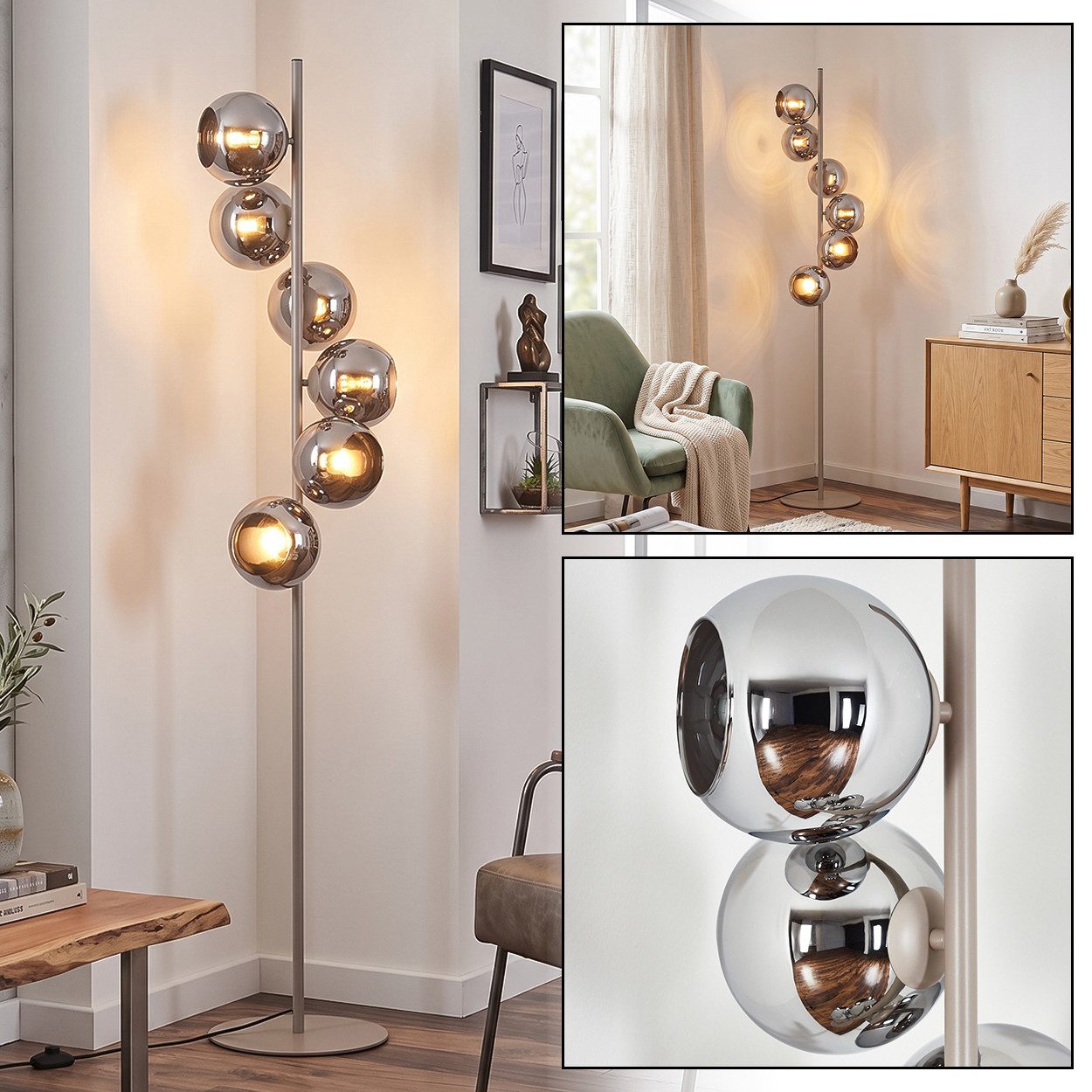 hofstein Stehlampe Stehlampe aus Metall/Glas in Sandfarben/Weiß/Chrom/Rauchfarben, moderne Stehleuchte im Retro/Vintage-Design, Fußschalter, 6 x E14