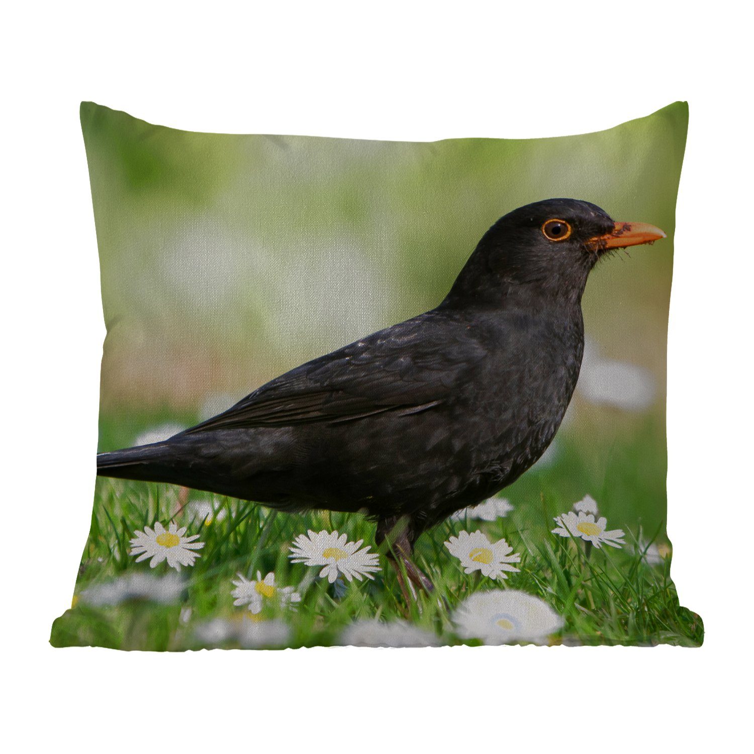 MuchoWow Dekokissen Vogel - Amsel - Blumen, Kissenbezüge, Kissenhülle, Dekokissen, Dekokissenbezug, Outdoor