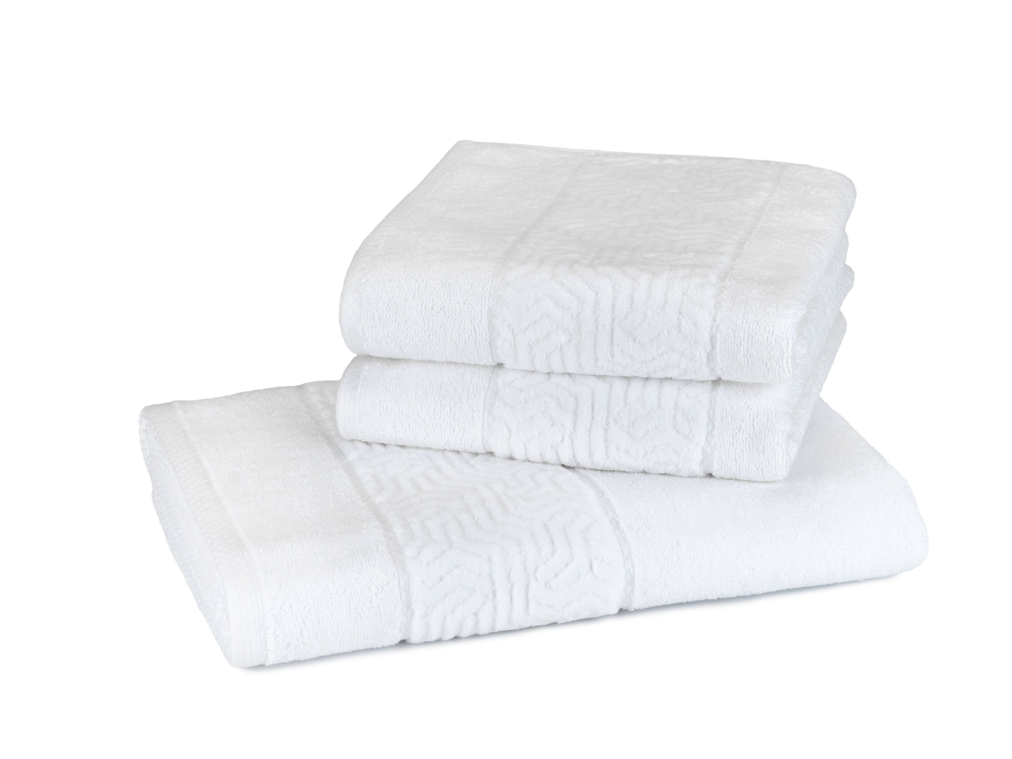 my cocooning Handtuch Set "Safira", gekämmte Baumwolle, (Set, 3-tlg), 2 Handtücher/1 Duschtuch aus gekämmter Baumwolle mit Velours-Borte weiß