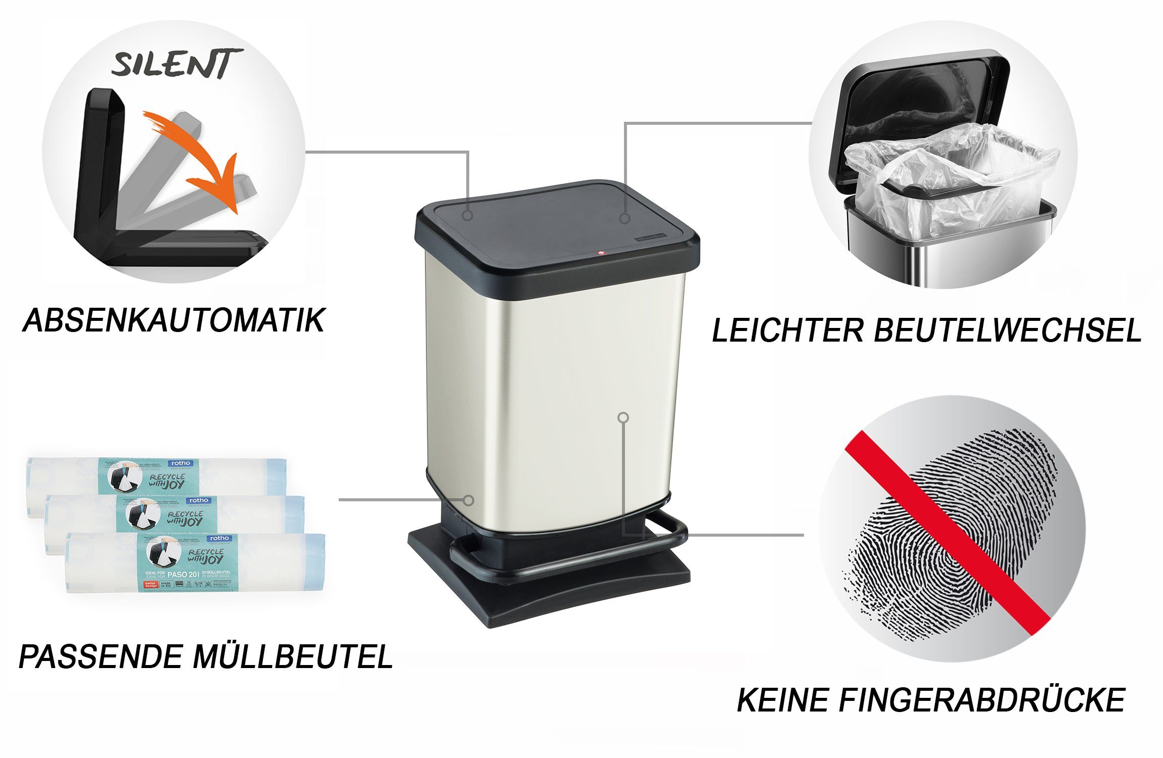 ROTHO Mülleimer Paso Mülleimer 20l mit Deckel, Kunststoff (PP), hergestellt in der Schweiz