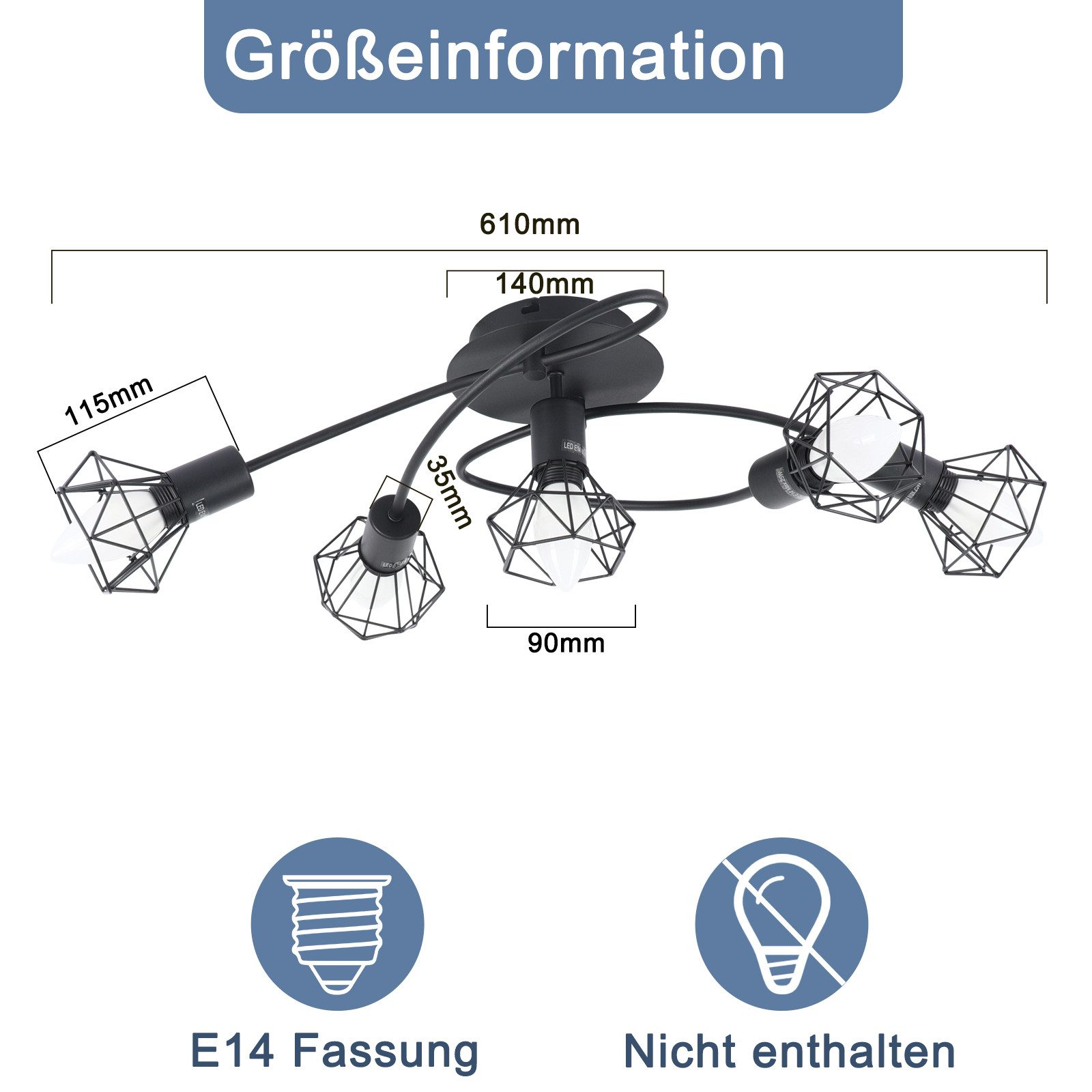 Nettlife Deckenstrahler Wohnzimmer Vintage Schwarz 1/2/3/4/5 Flammig E14 Industrial, Schwenkbar 350°, LED wechselbar, drehbar für Wohnzimmer Flur Esszimmer und  – Bild 3 von 5