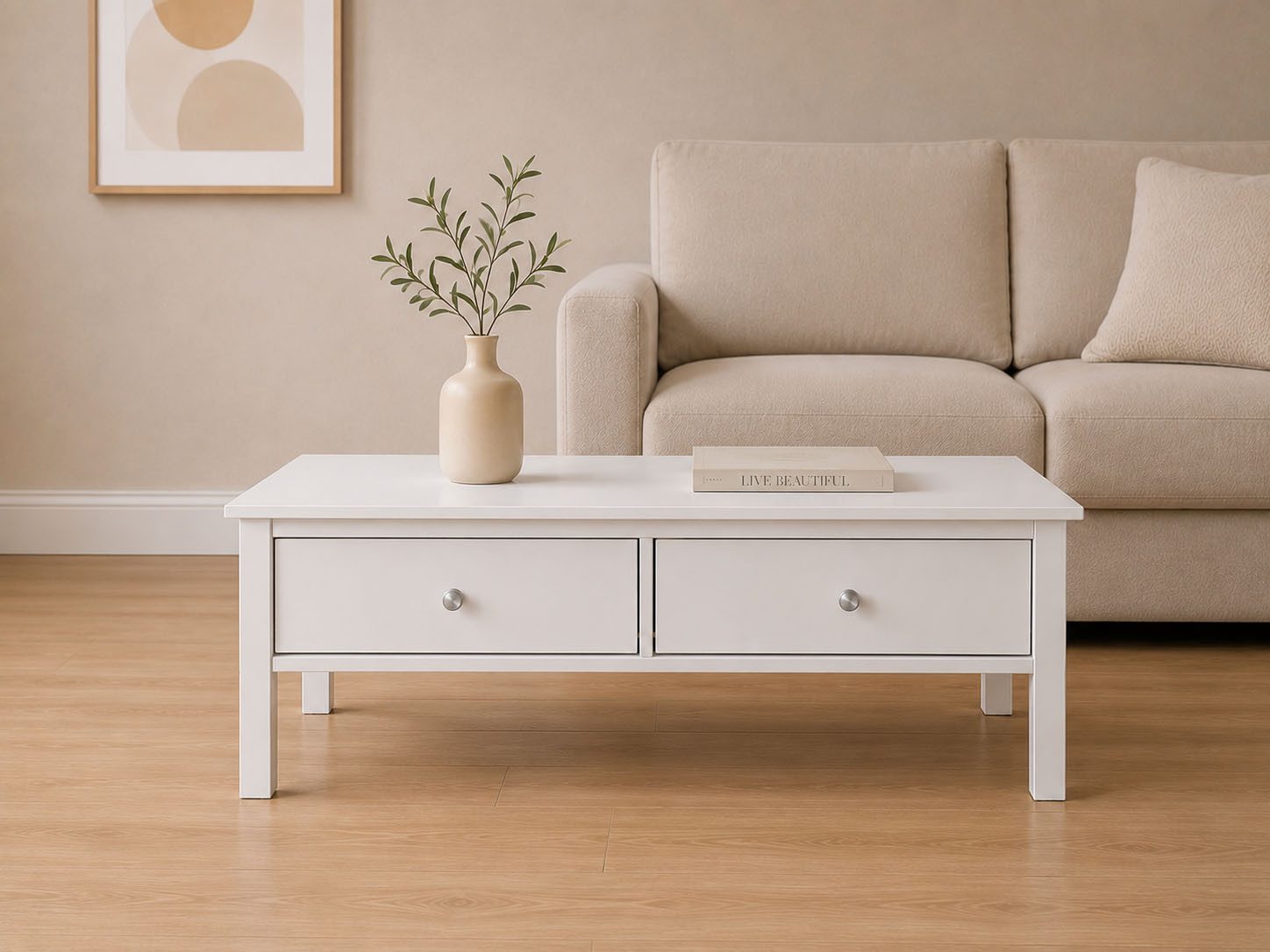 Inter Link Couchtisch Pinora aus massiver Kiefer, weiss lackiert, 110 x 70 x 47 cm (1-St), Salontisch im modernem Skandi Look, mit 2 Schubladen