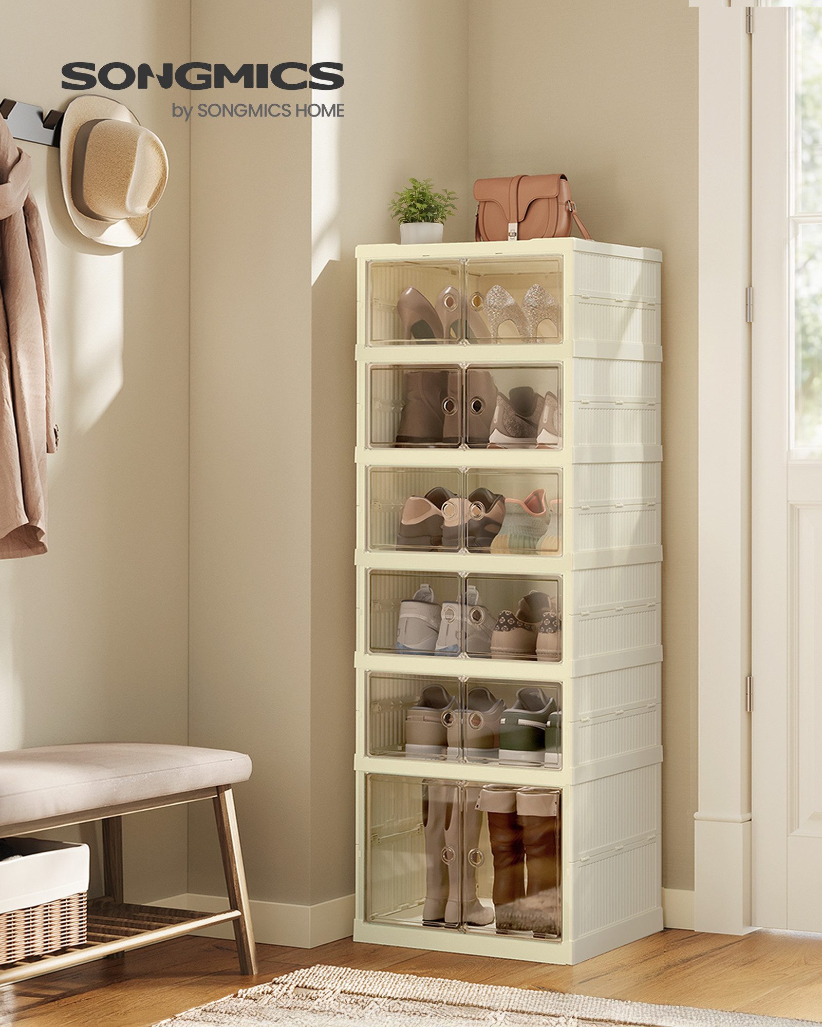 SONGMICS Schuhbox Schuhschrank, Schuhregal schmal, 6 Ebenen, Schuh-Organizer klappbar, durchsichtige Tür, für 12 Paar